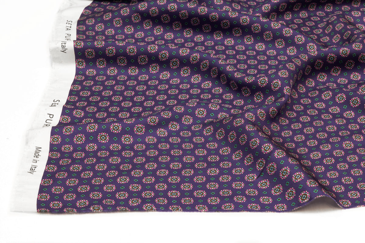 Foulard Medallion Italian Silk Twill - Purple / Green / Pink