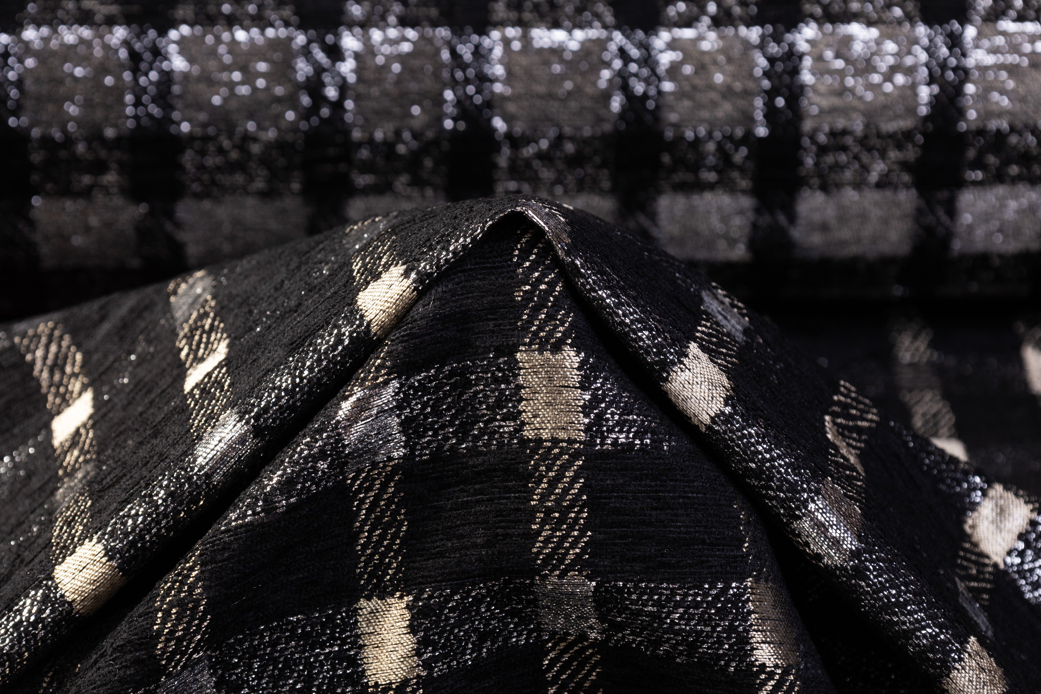 Checked Metallic Italian Chenille Brocade - Black / Silver / Champagne