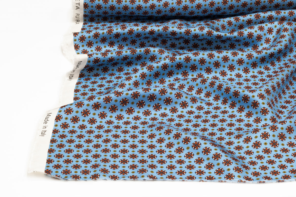 Foulard Medallion Italian Silk Twill - Carolina Blue / Rust