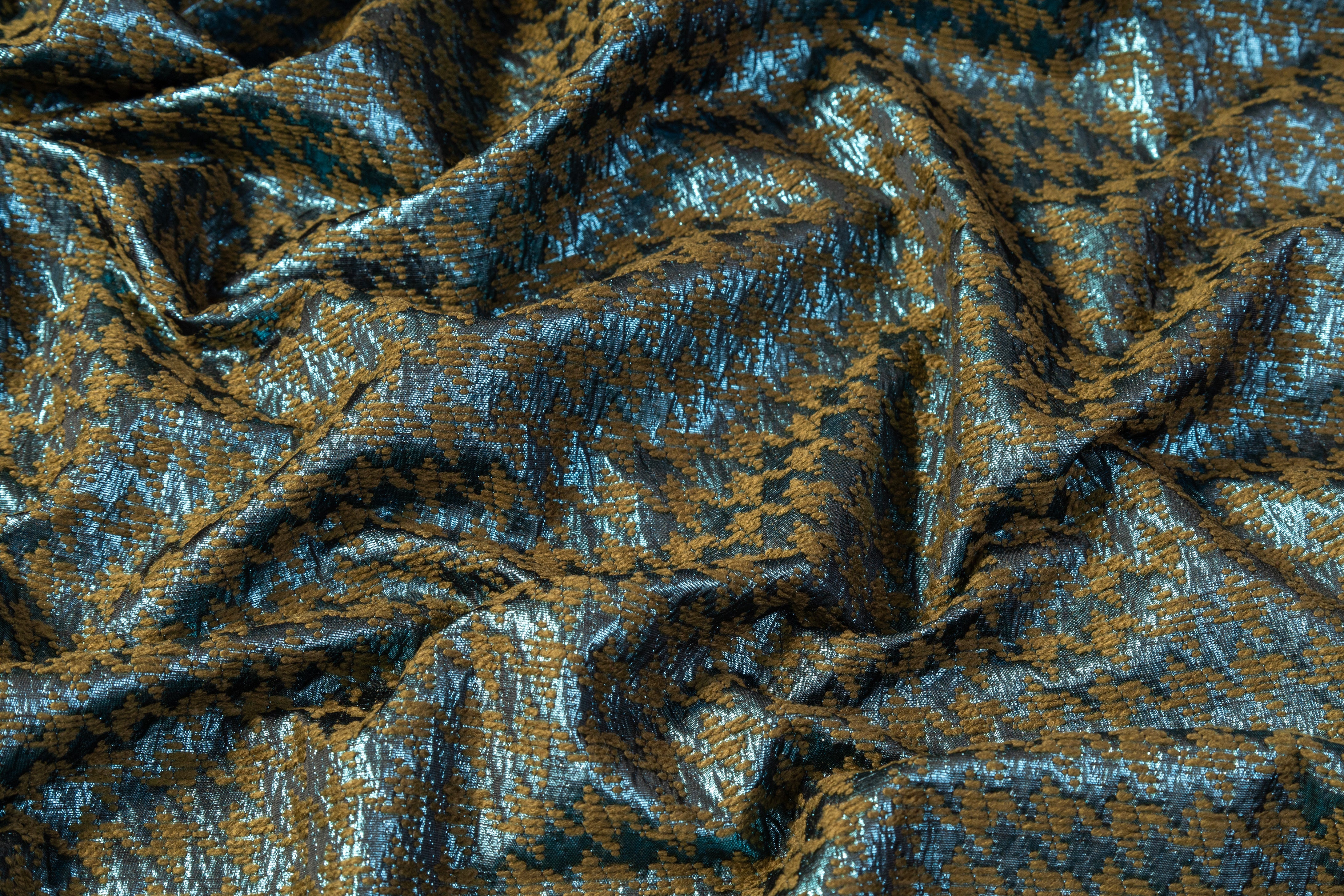 Houndstooth Metallic Italian Chenille Brocade - Green / Blue
