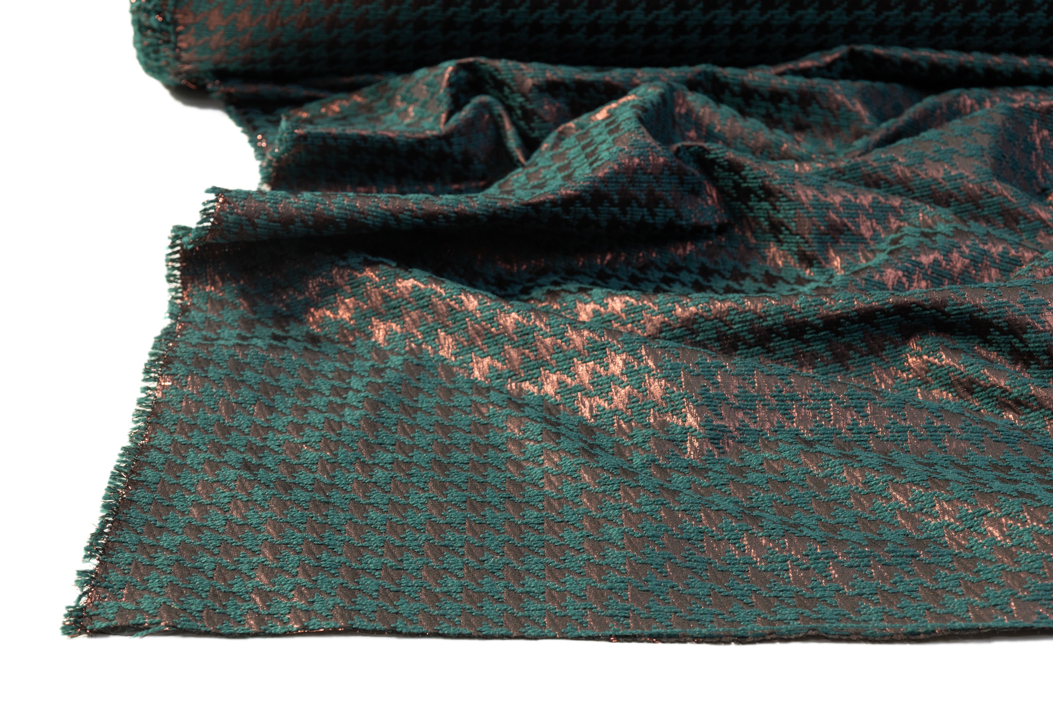 Houndstooth Metallic Italian Chenille Brocade - Teal / Bronze