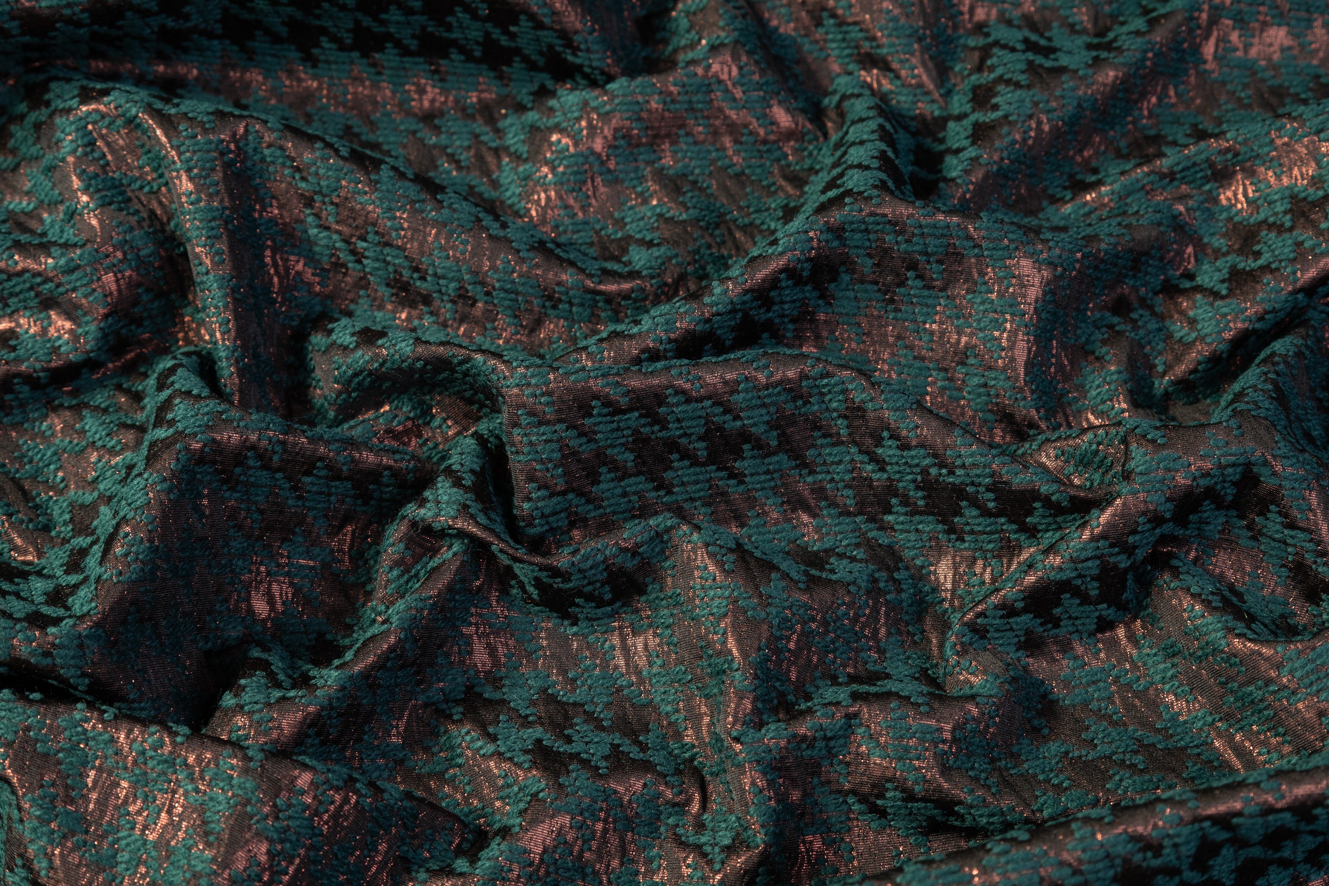 Houndstooth Metallic Italian Chenille Brocade - Teal / Bronze