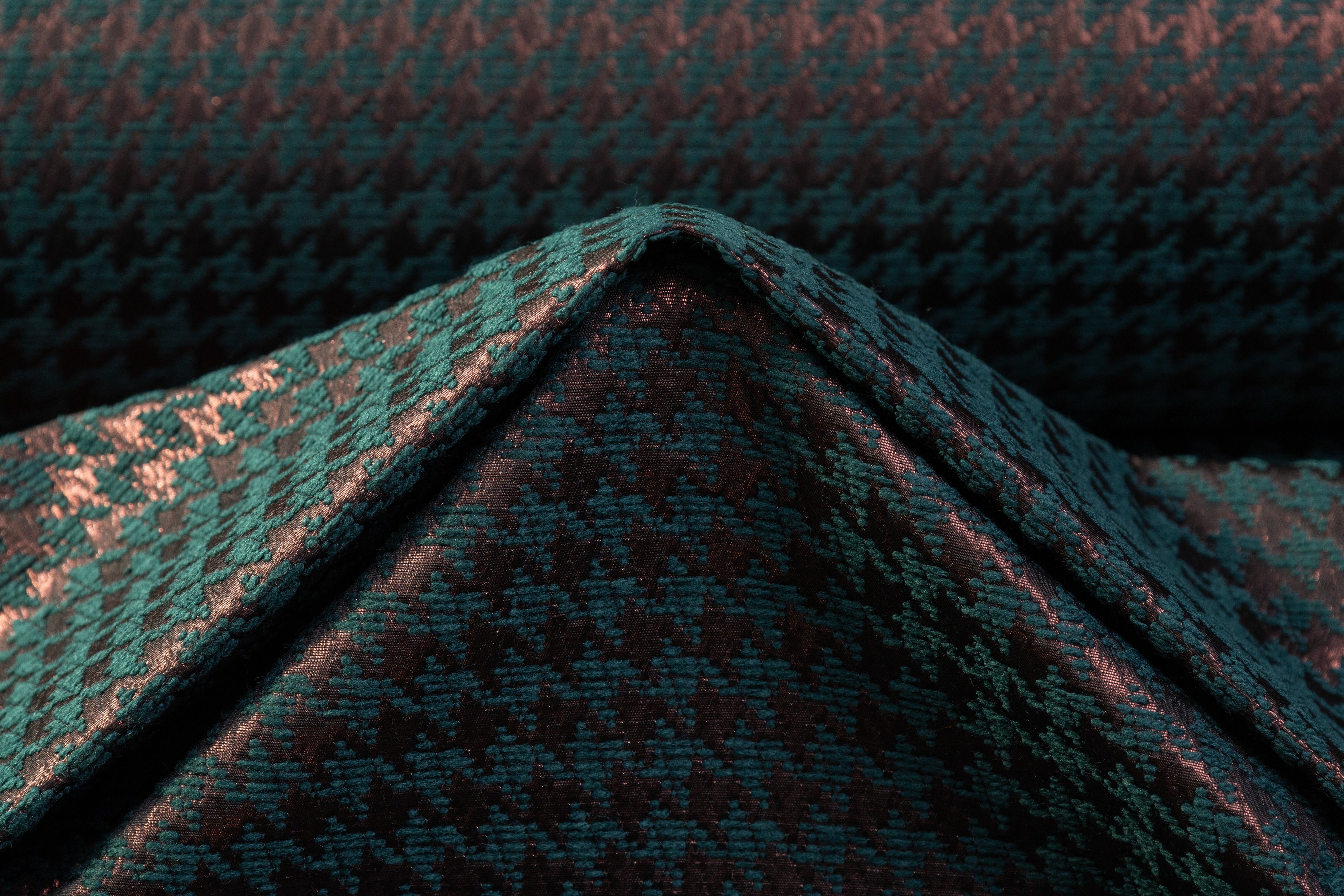 Houndstooth Metallic Italian Chenille Brocade - Teal / Bronze