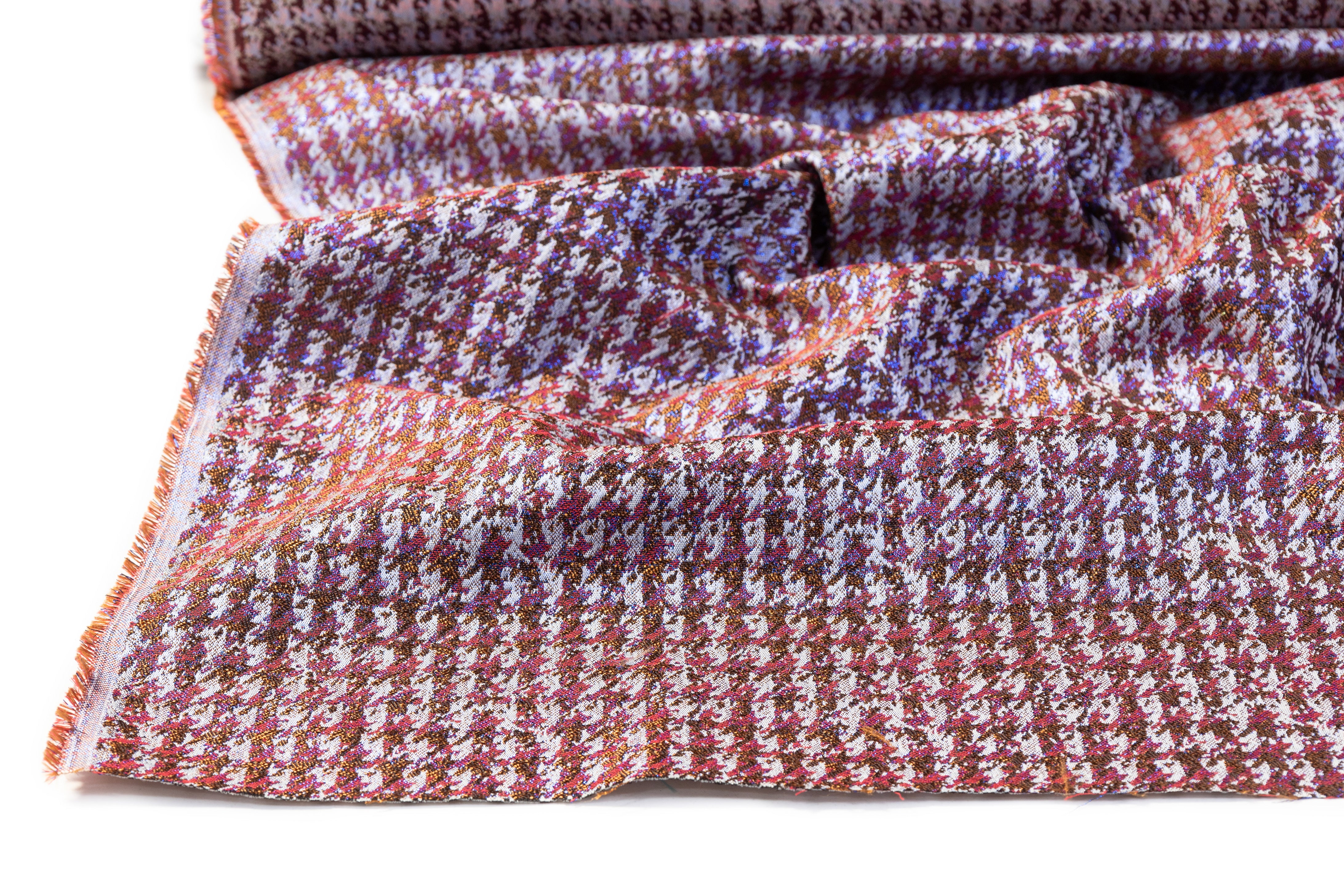 Metallic Italian Houndstooth Brocade - Burgundy / Brown / Blue