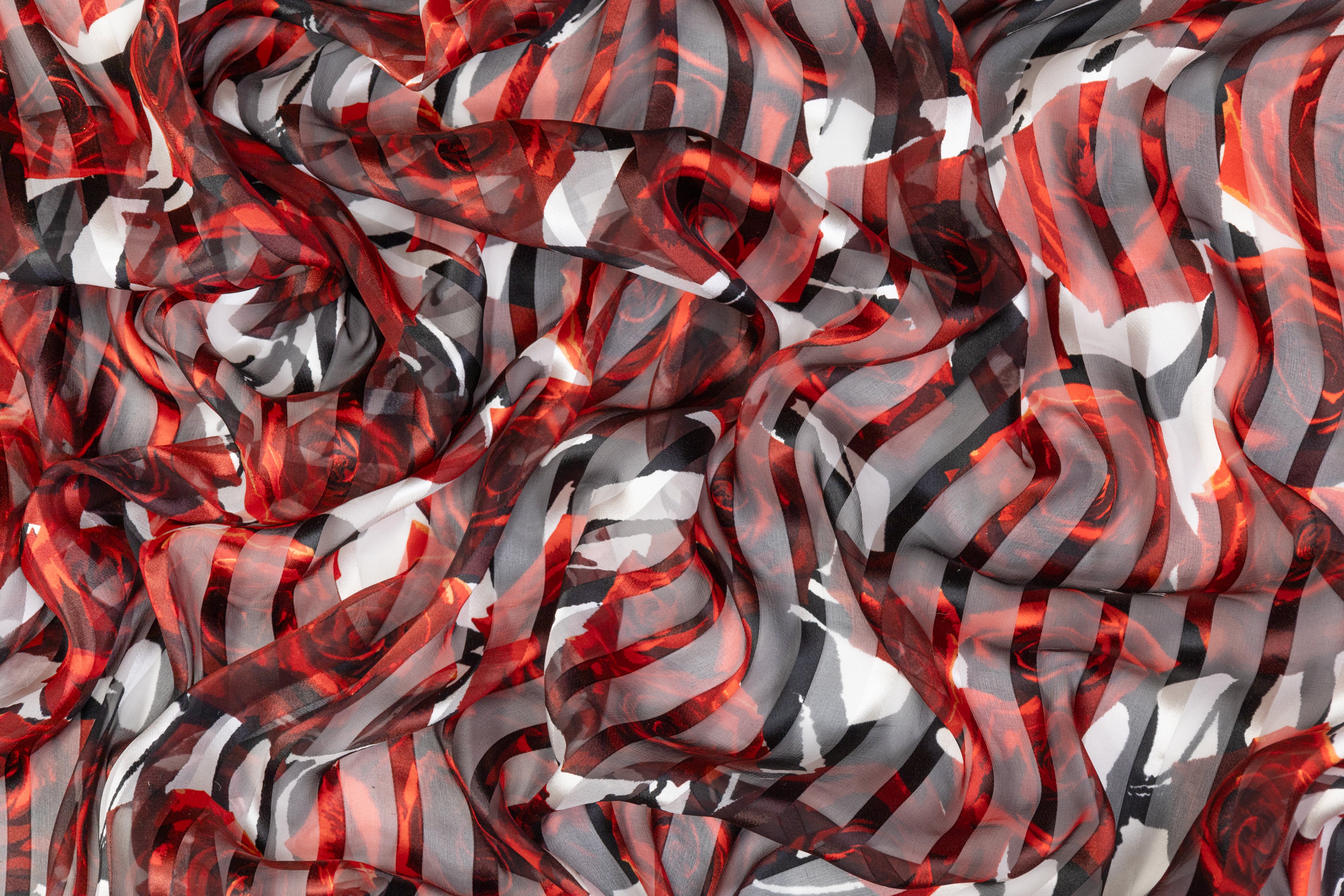 Floral Italian Silk Chiffon Burnout - Red / Black / White