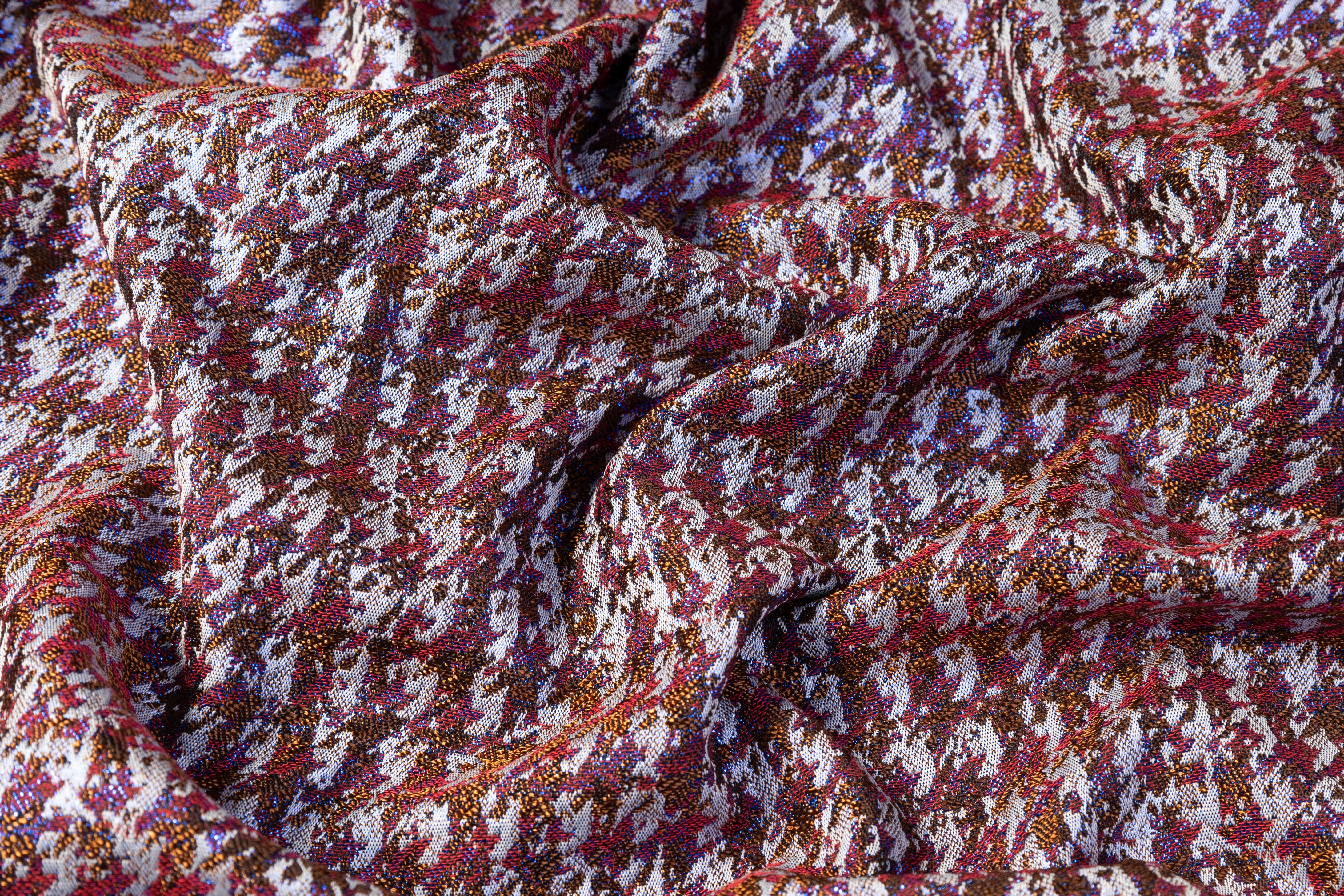 Metallic Italian Houndstooth Brocade - Burgundy / Brown / Blue