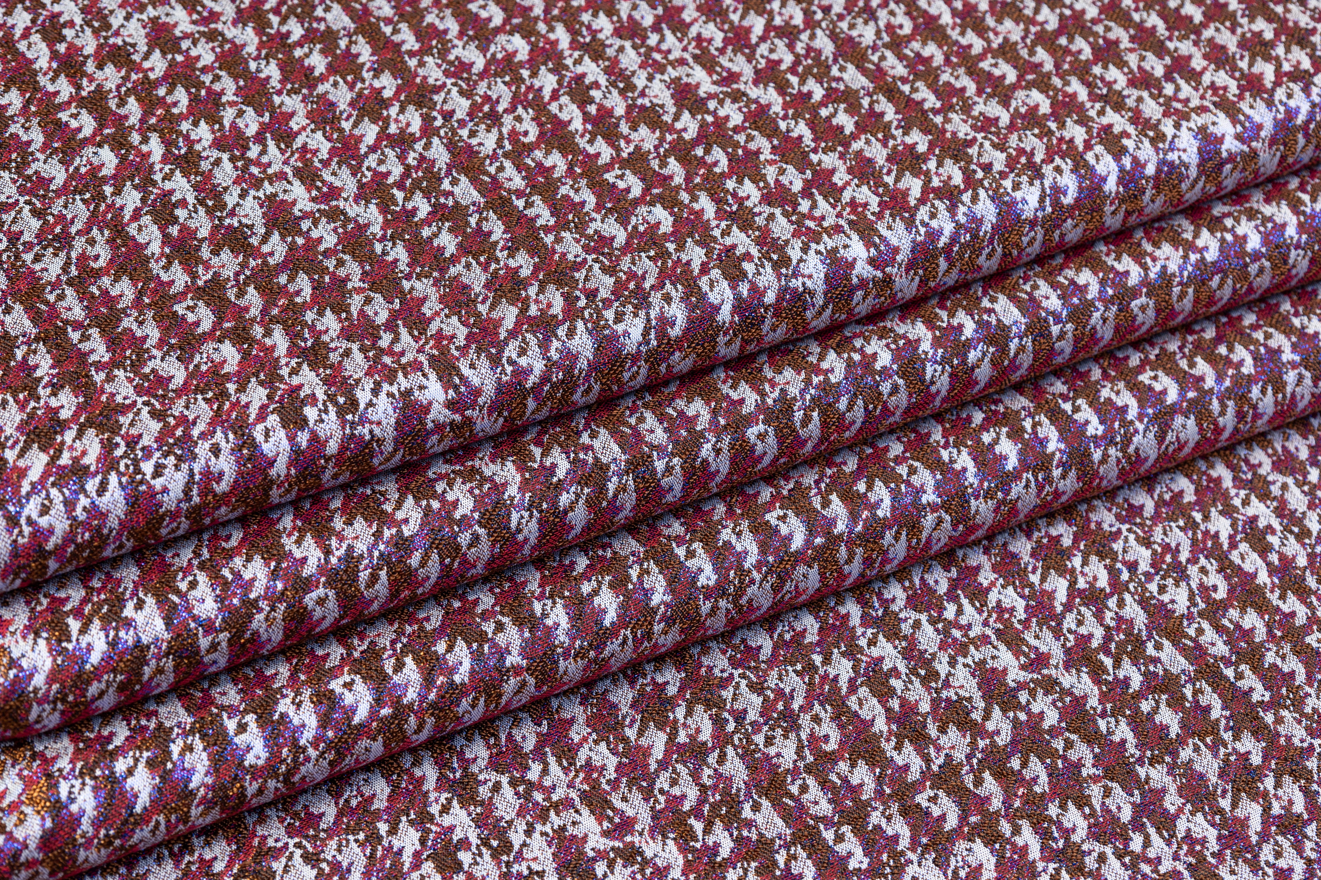 Metallic Italian Houndstooth Brocade - Burgundy / Brown / Blue