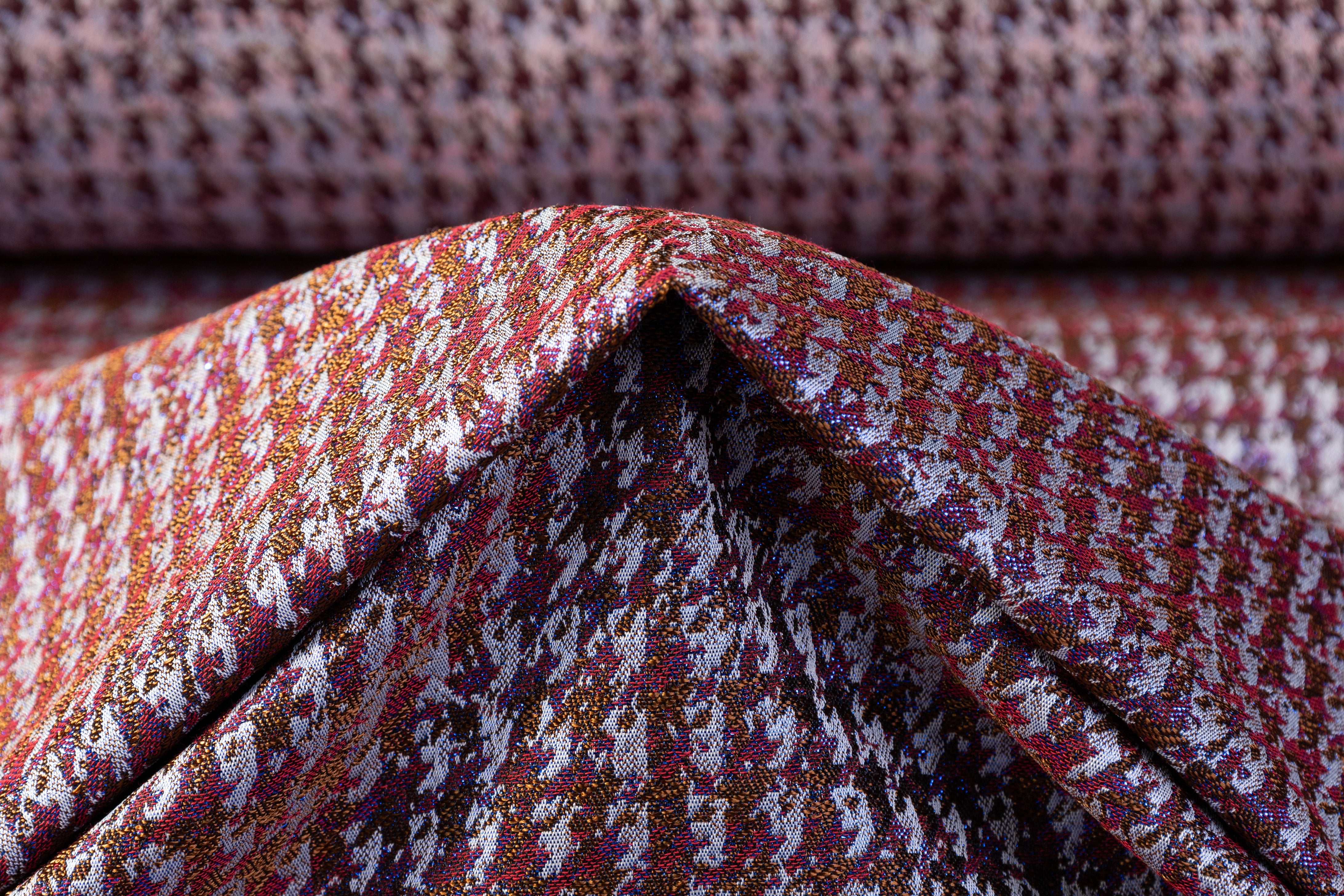 Metallic Italian Houndstooth Brocade - Burgundy / Brown / Blue