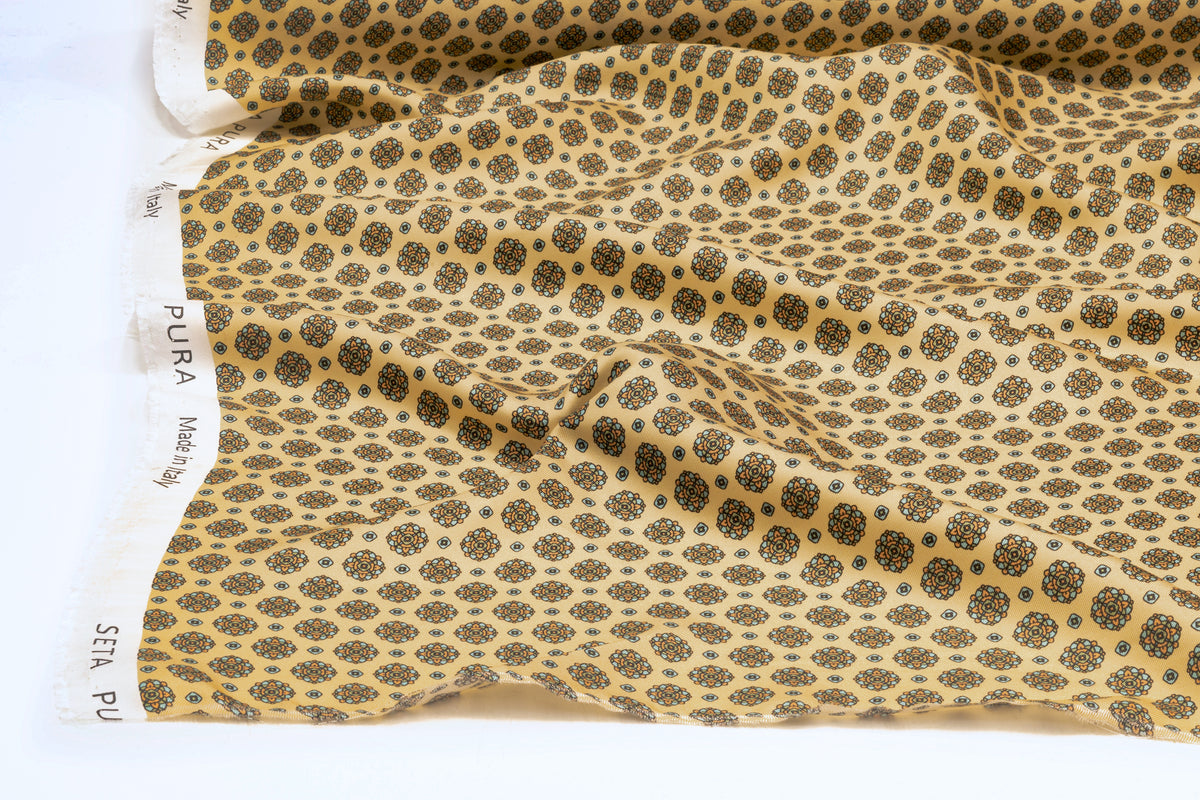 Foulard Medallion Italian Silk Twill - Beige / Blue