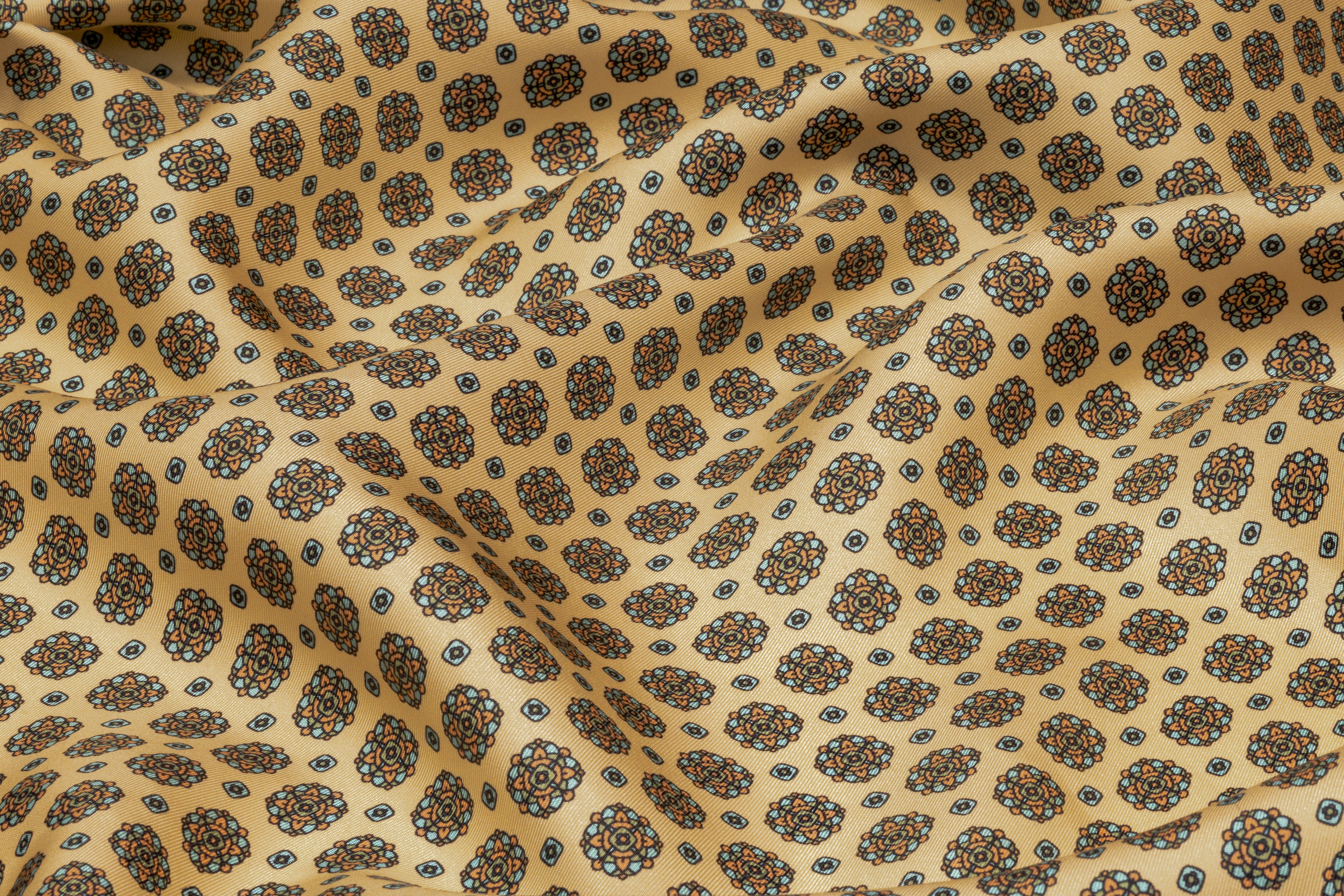 Foulard Medallion Italian Silk Twill - Beige / Blue