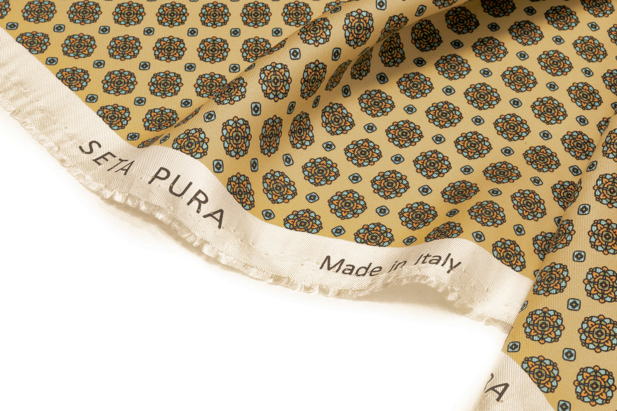 Foulard Medallion Italian Silk Twill - Beige / Blue