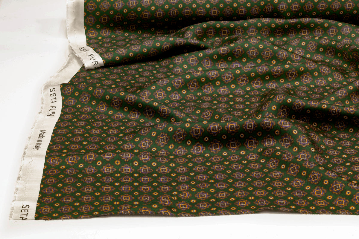 Foulard Medallion Italian Silk Twill - Green / Purple / Brown