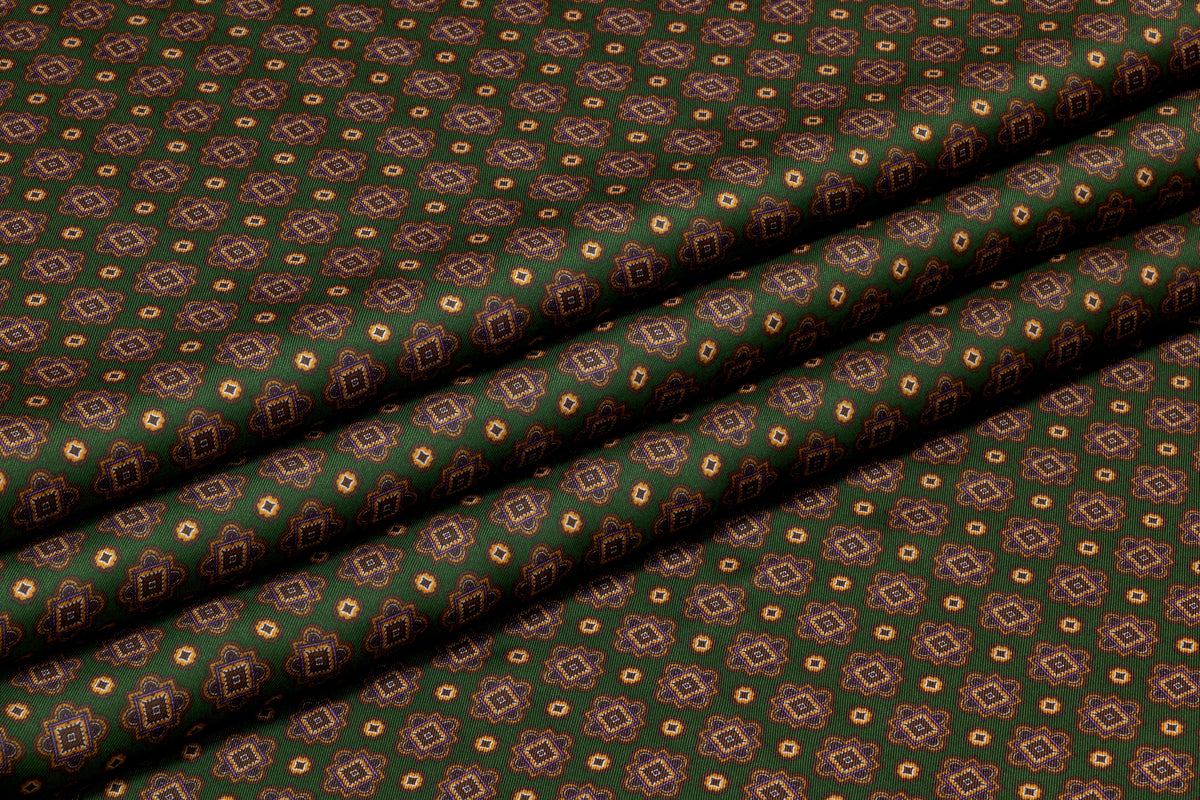 Foulard Medallion Italian Silk Twill - Green / Purple / Brown