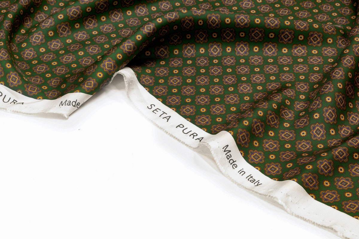Foulard Medallion Italian Silk Twill - Green / Purple / Brown