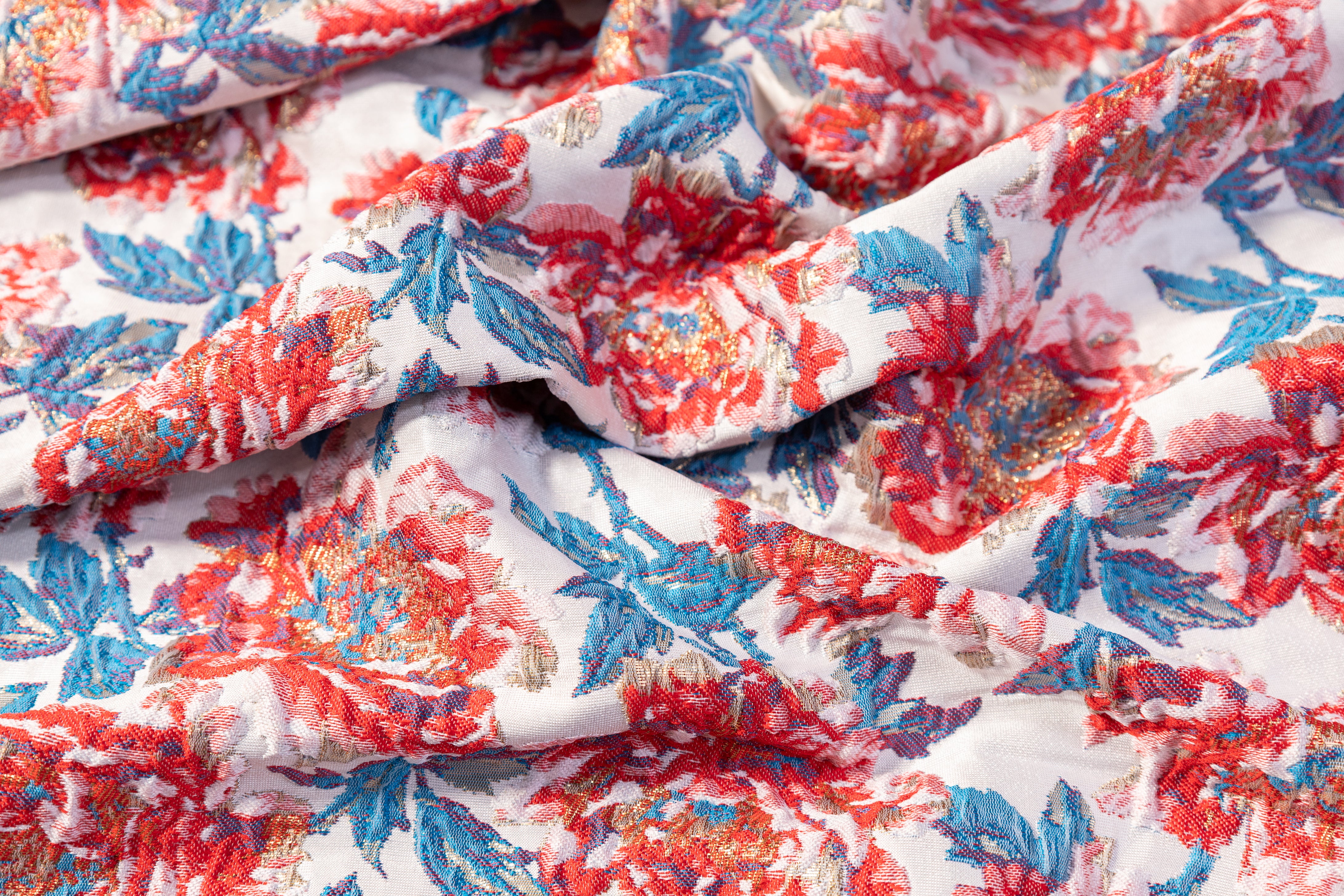 Floral Crushed Metallic Brocade - Red / Blue