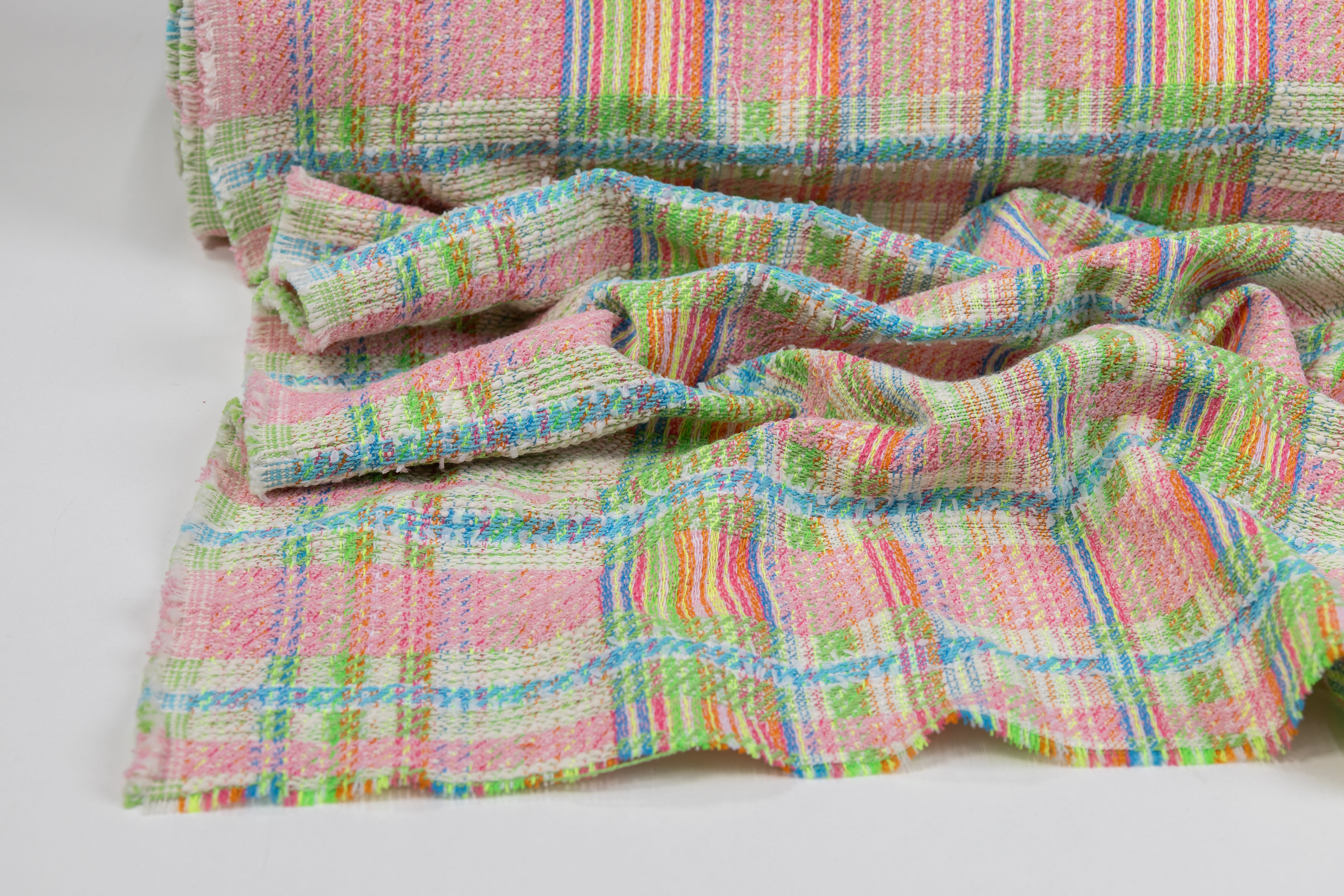 Checked Italian Cotton Blend Tweed - Pink / Green
