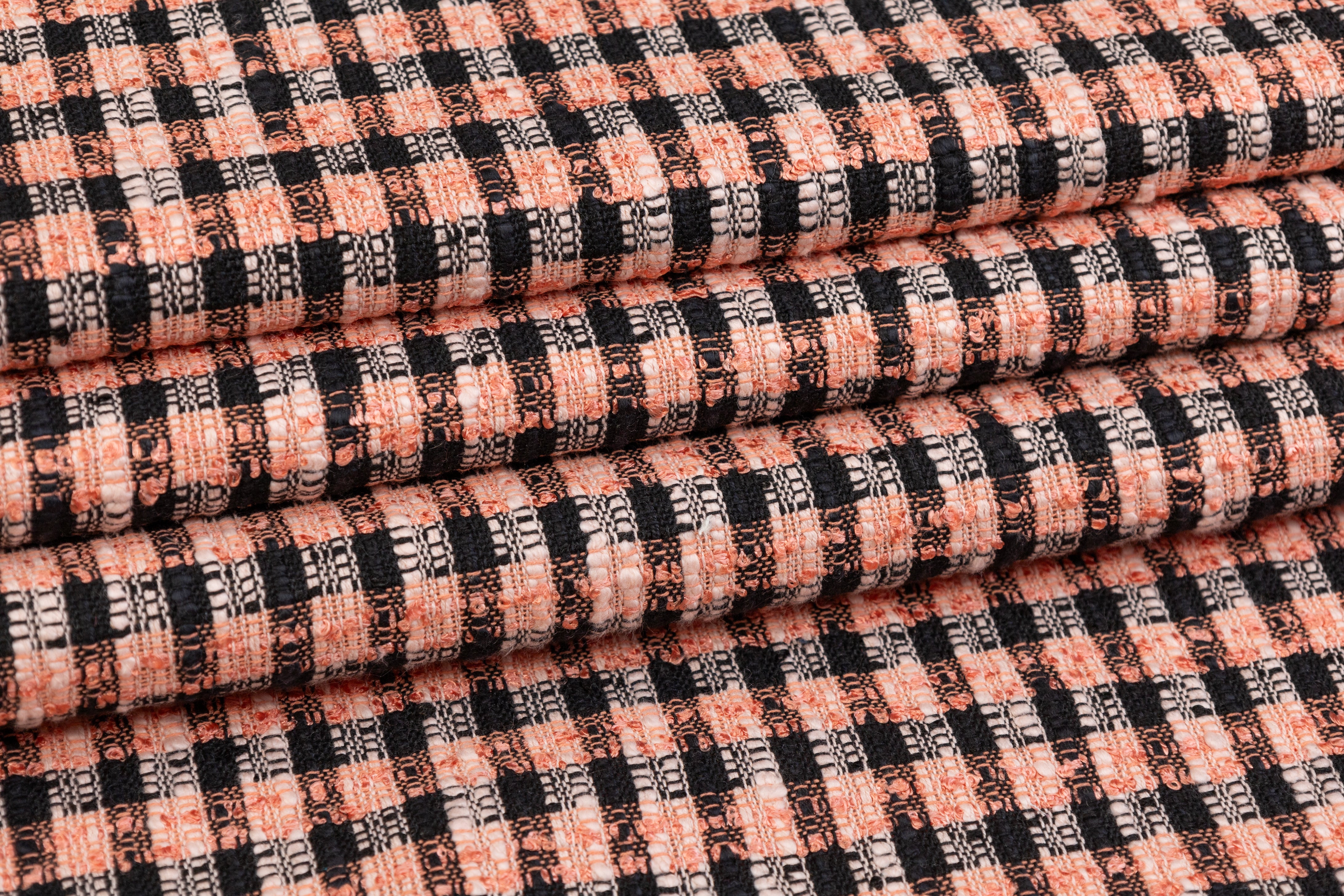 Checked Wool Blend Tweed Boucle - Peach / Black