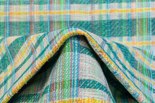 Checked Italian Cotton Blend Tweed - Teal
