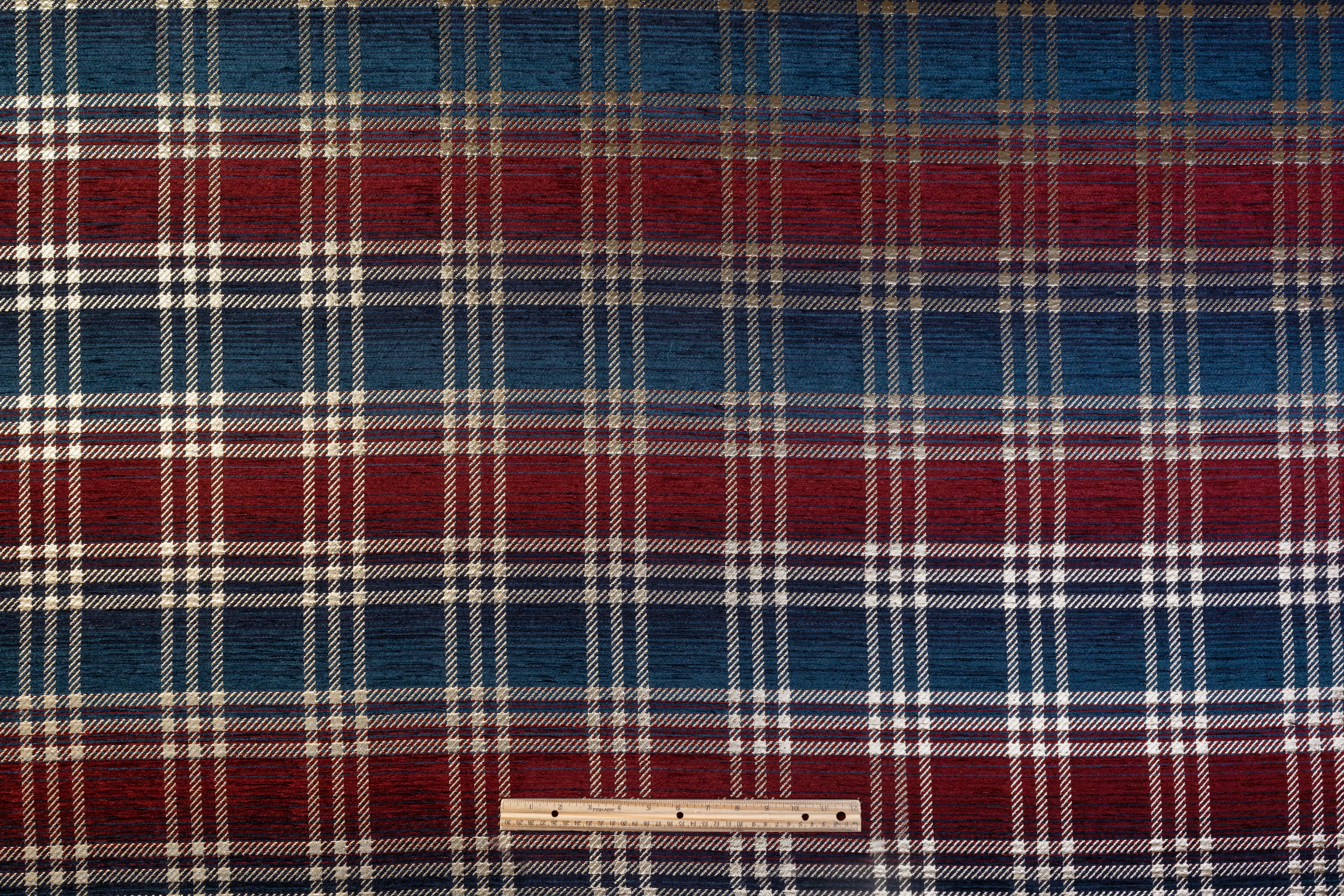 Plaid Metallic Italian Chenille Brocade - Burgundy / Navy / Gold