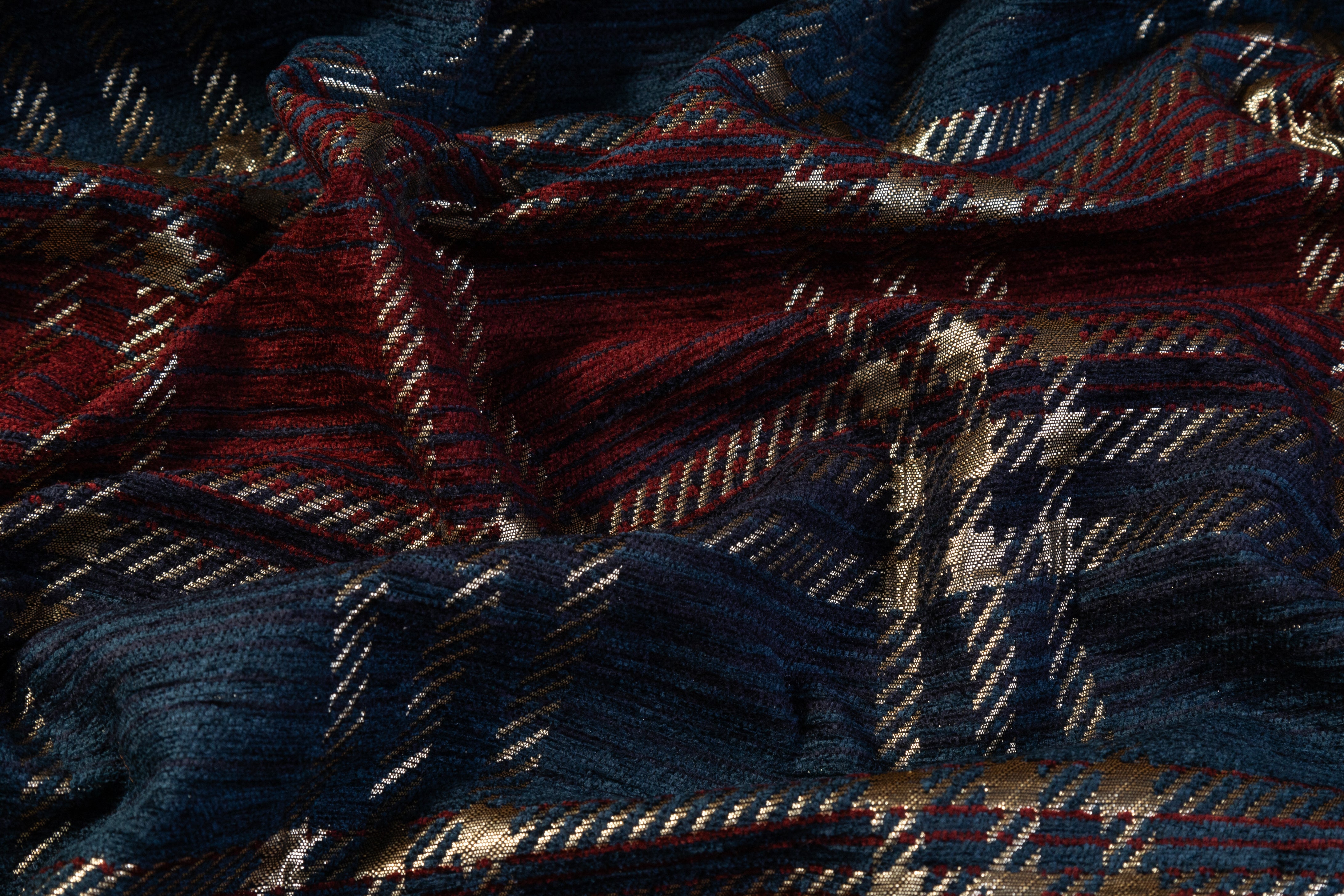 Plaid Metallic Italian Chenille Brocade - Burgundy / Navy / Gold