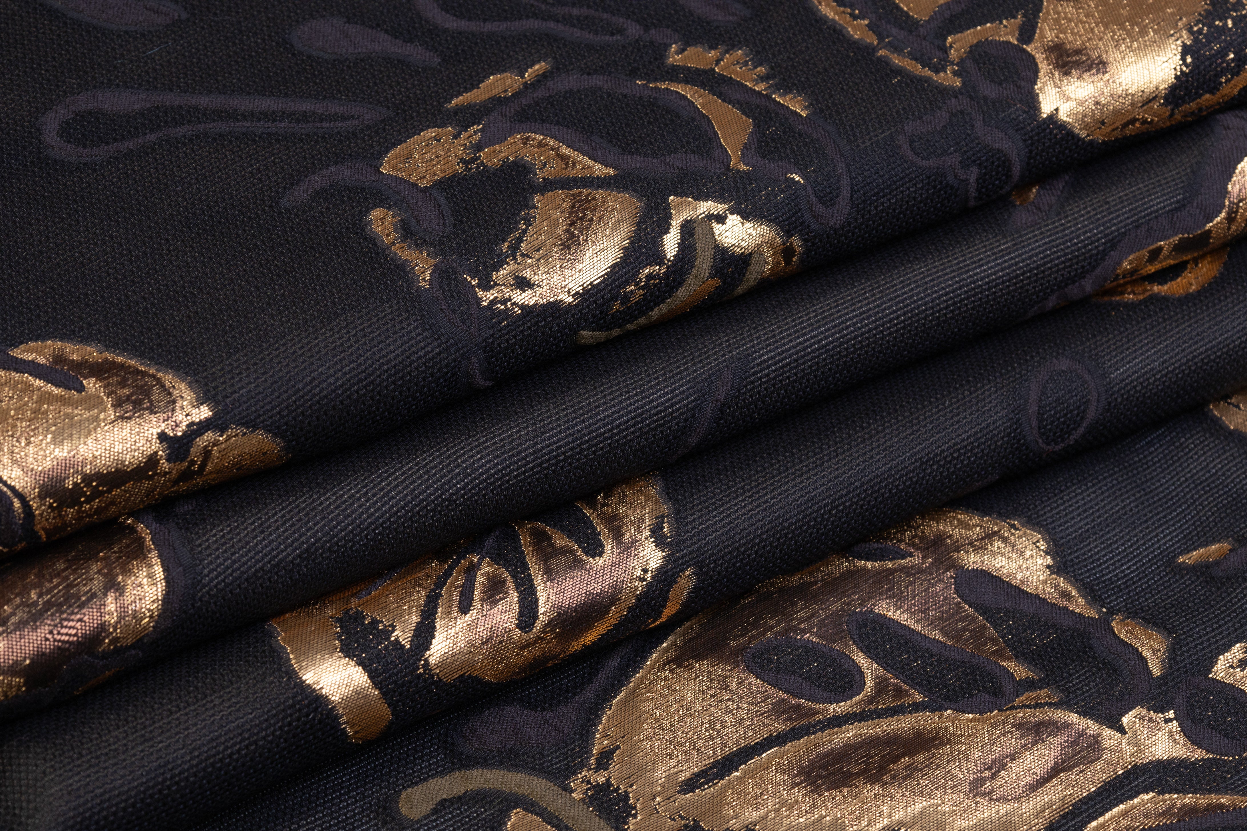 Border Floral Metallic Italian Silk Blend Brocade - Black / Gold