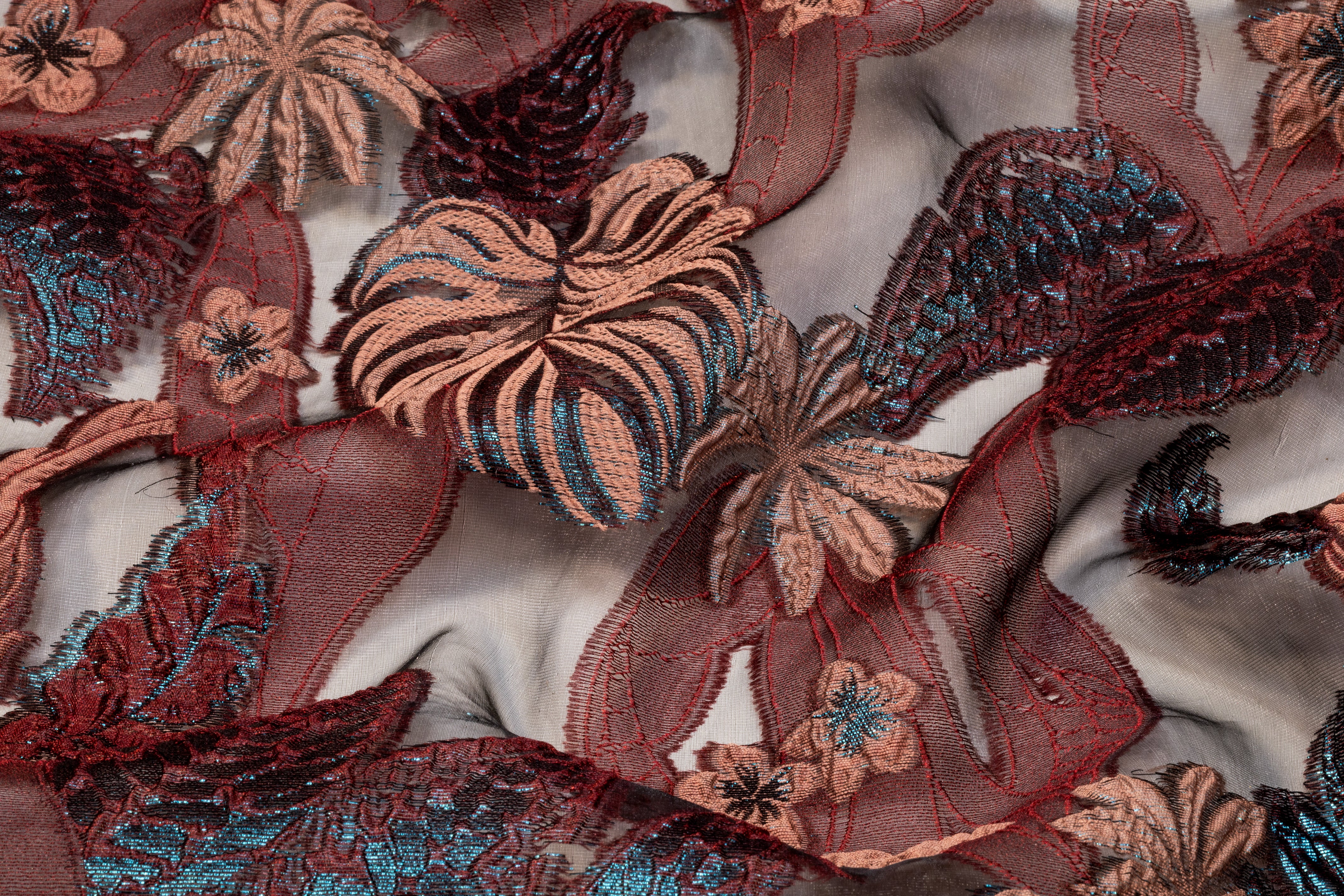 Floral Metallic Italian Organza Fil Coupé - Burgundy / Black / Blue