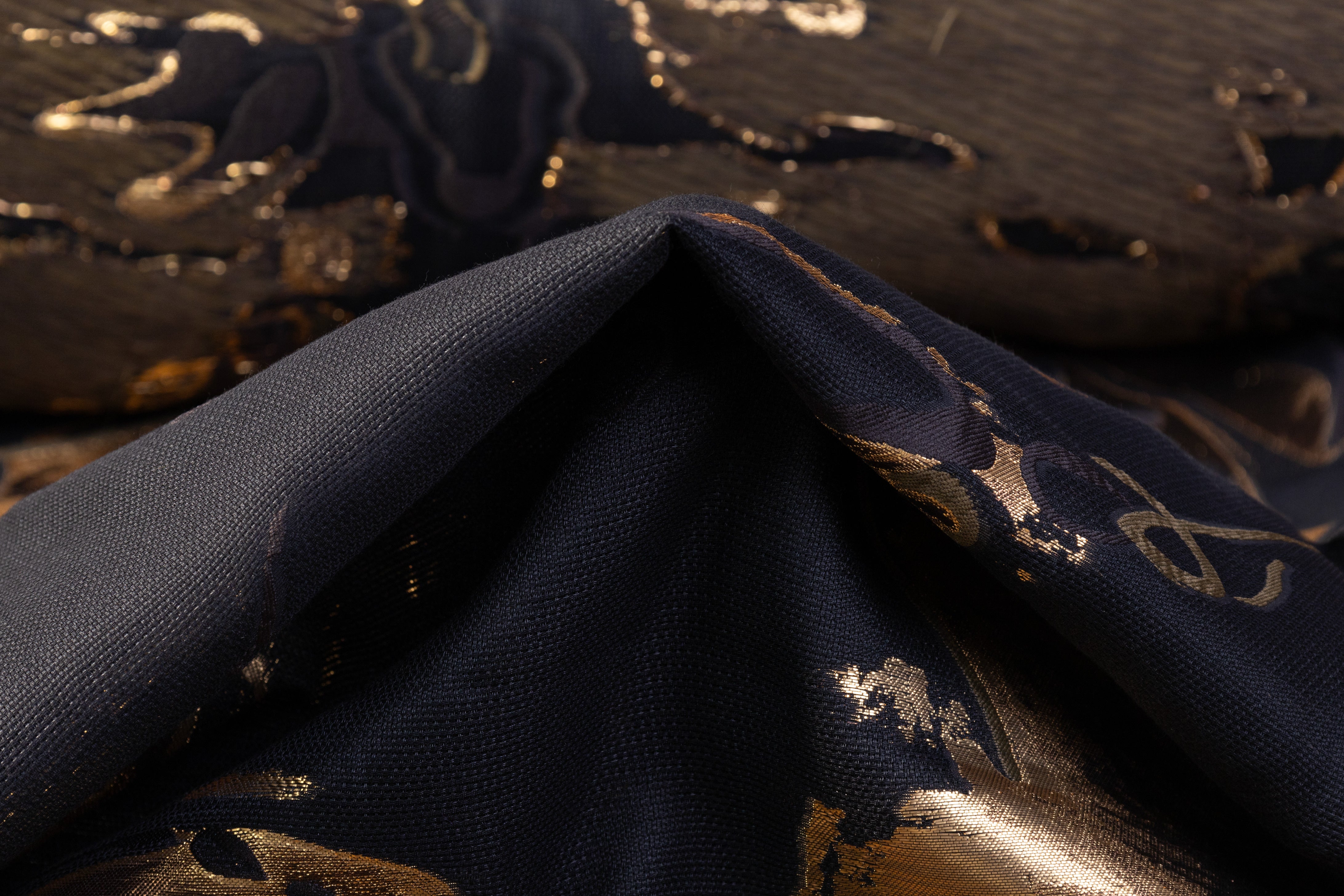 Border Floral Metallic Italian Silk Blend Brocade - Black / Gold