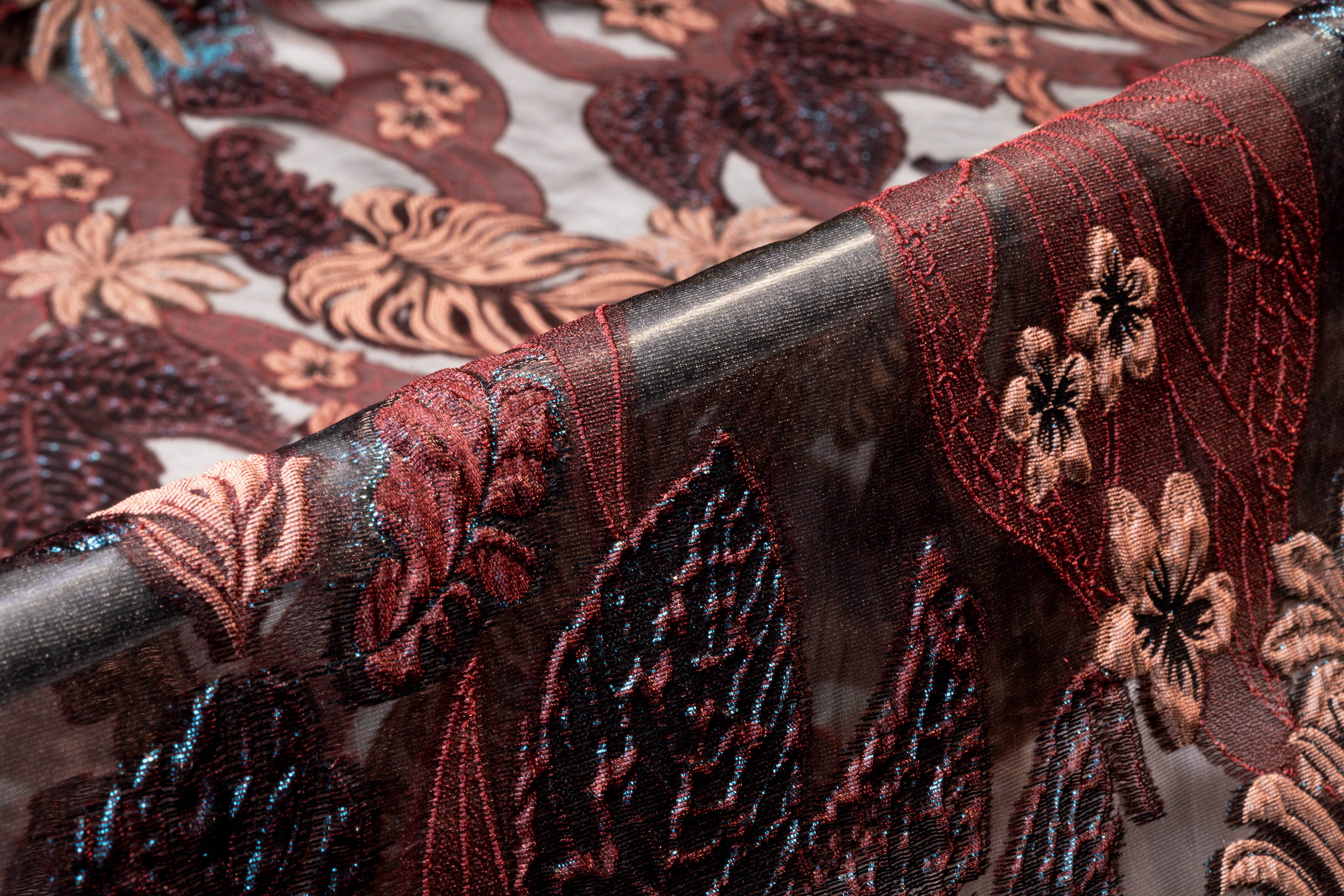 Floral Metallic Italian Organza Fil Coupé - Burgundy / Black / Blue