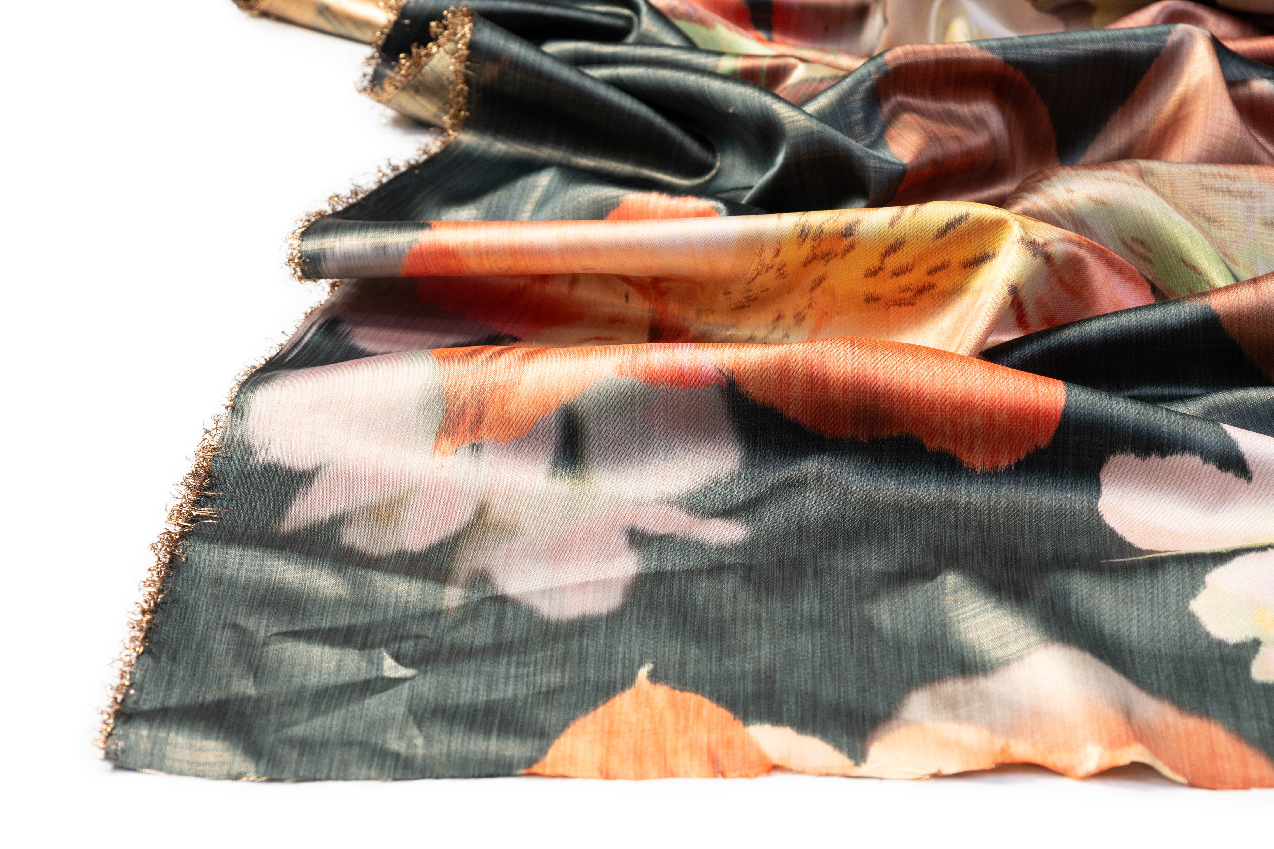 Floral Metallic Italian Chiné - Peach / Blush / Gunmetal Green