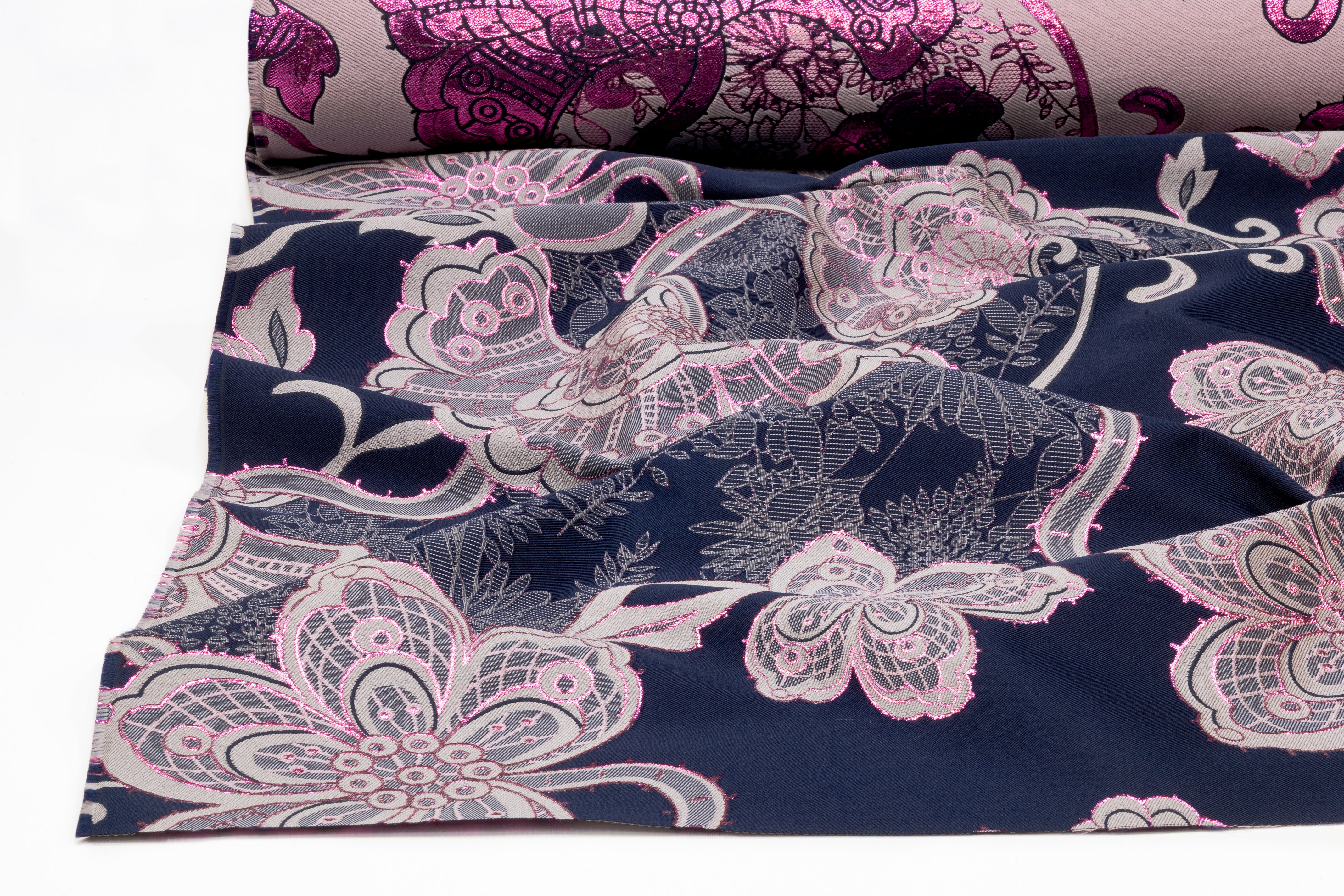 Floral Metallic Italian Brocade - Navy / Gray / Fuchsia