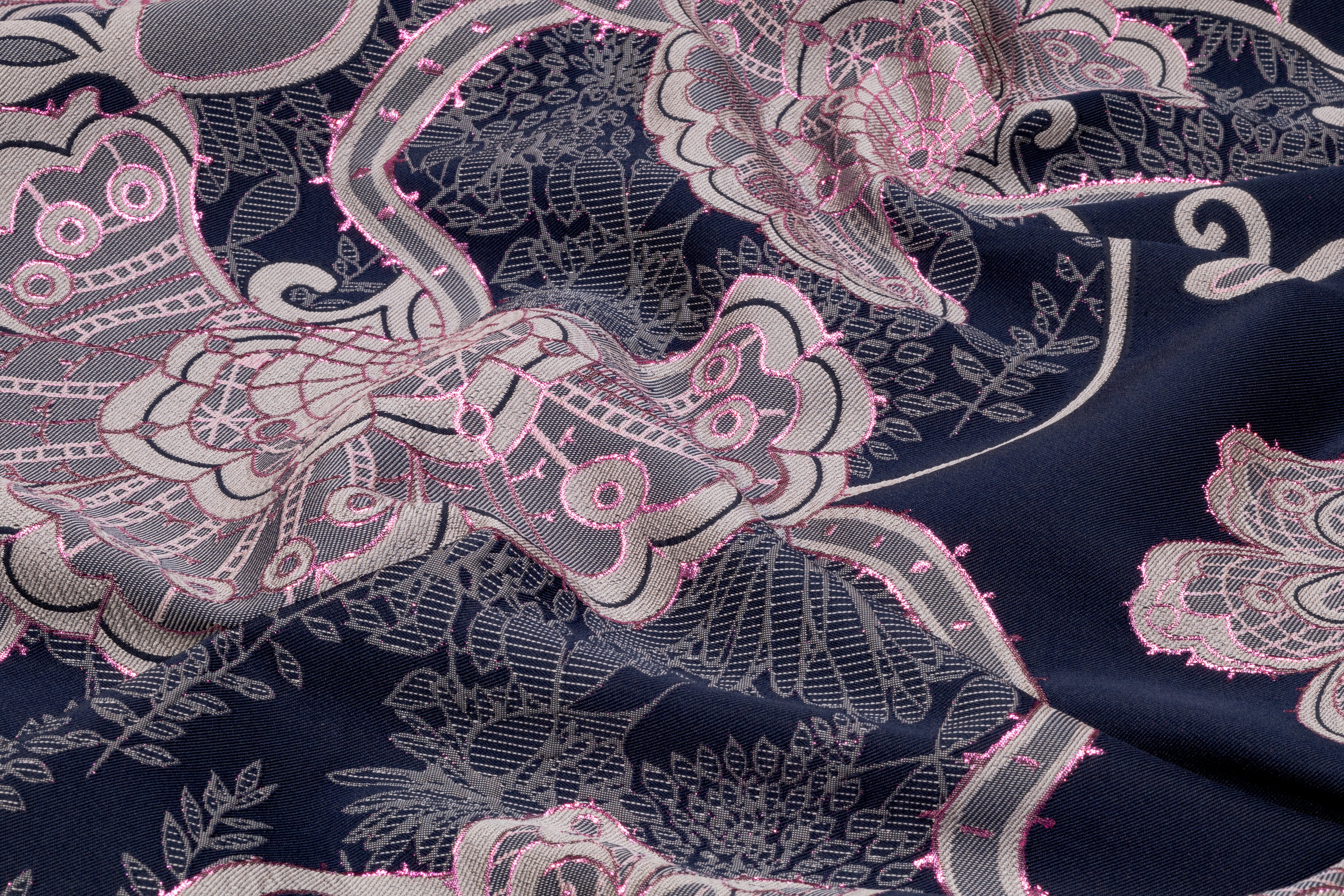 Floral Metallic Italian Brocade - Navy / Gray / Fuchsia