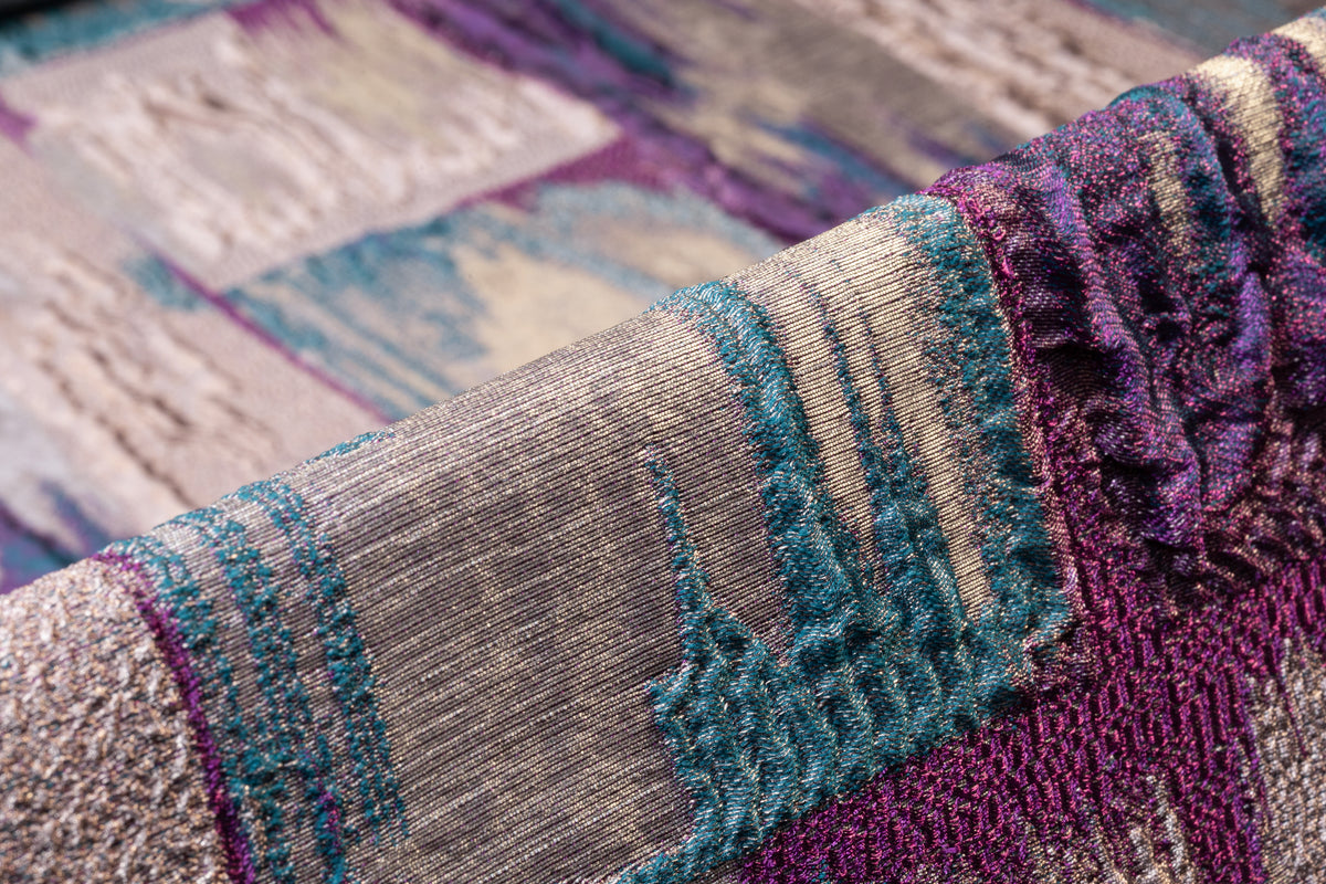 Abstract Checked Metallic Italian Brocade - Silver / Purple / Teal