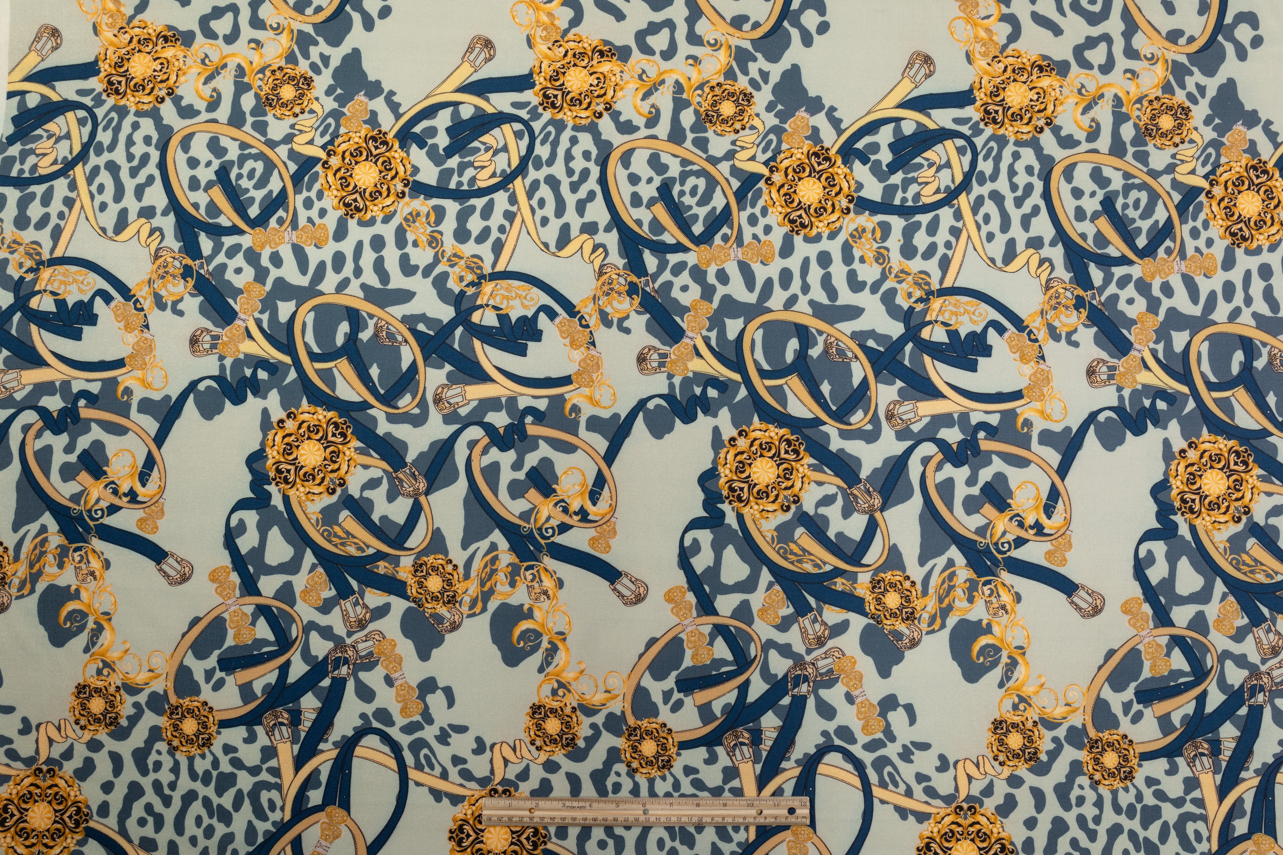 Printed Italian Wool Tricotine - Green / Blue / Gold