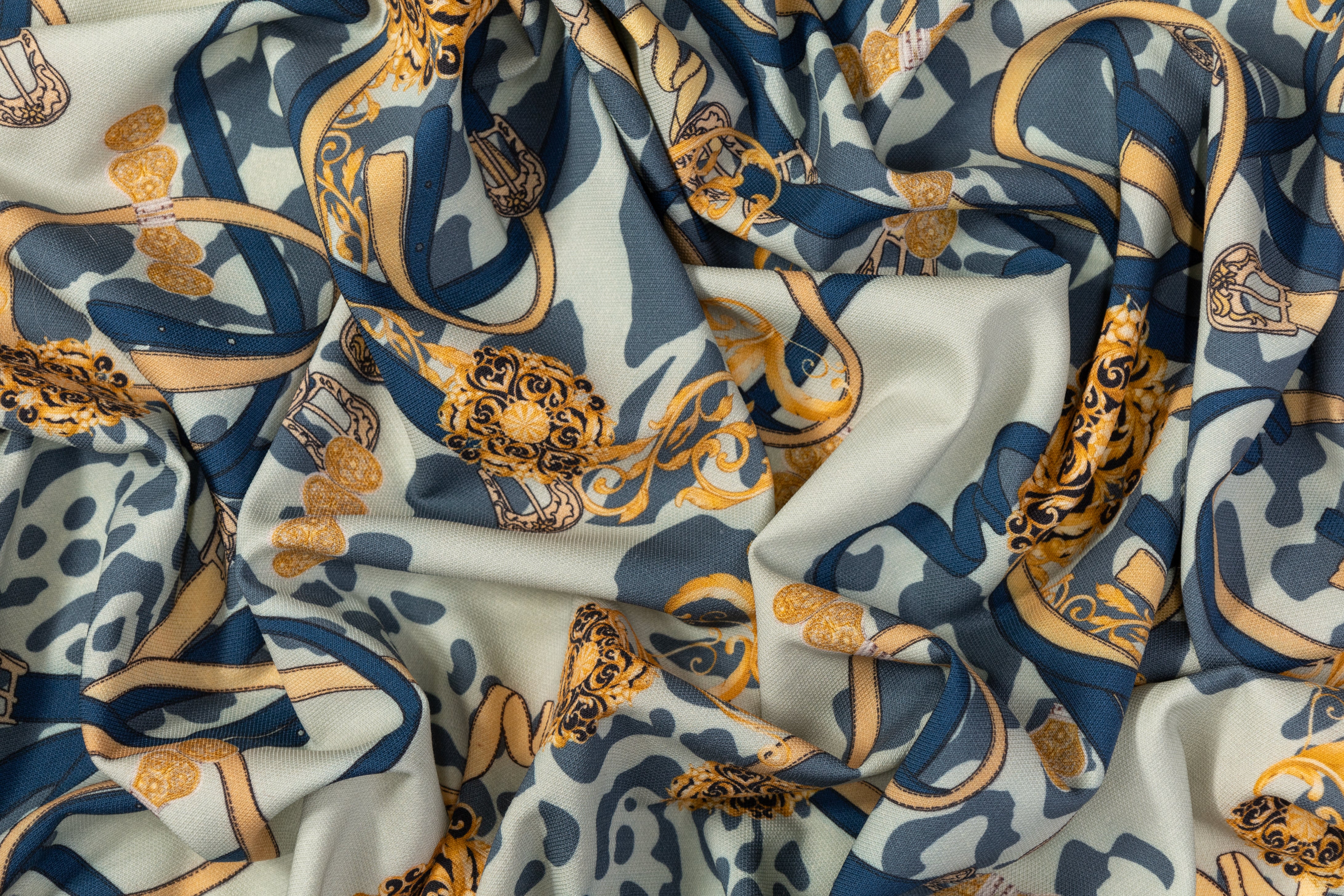 Printed Italian Wool Tricotine - Green / Blue / Gold
