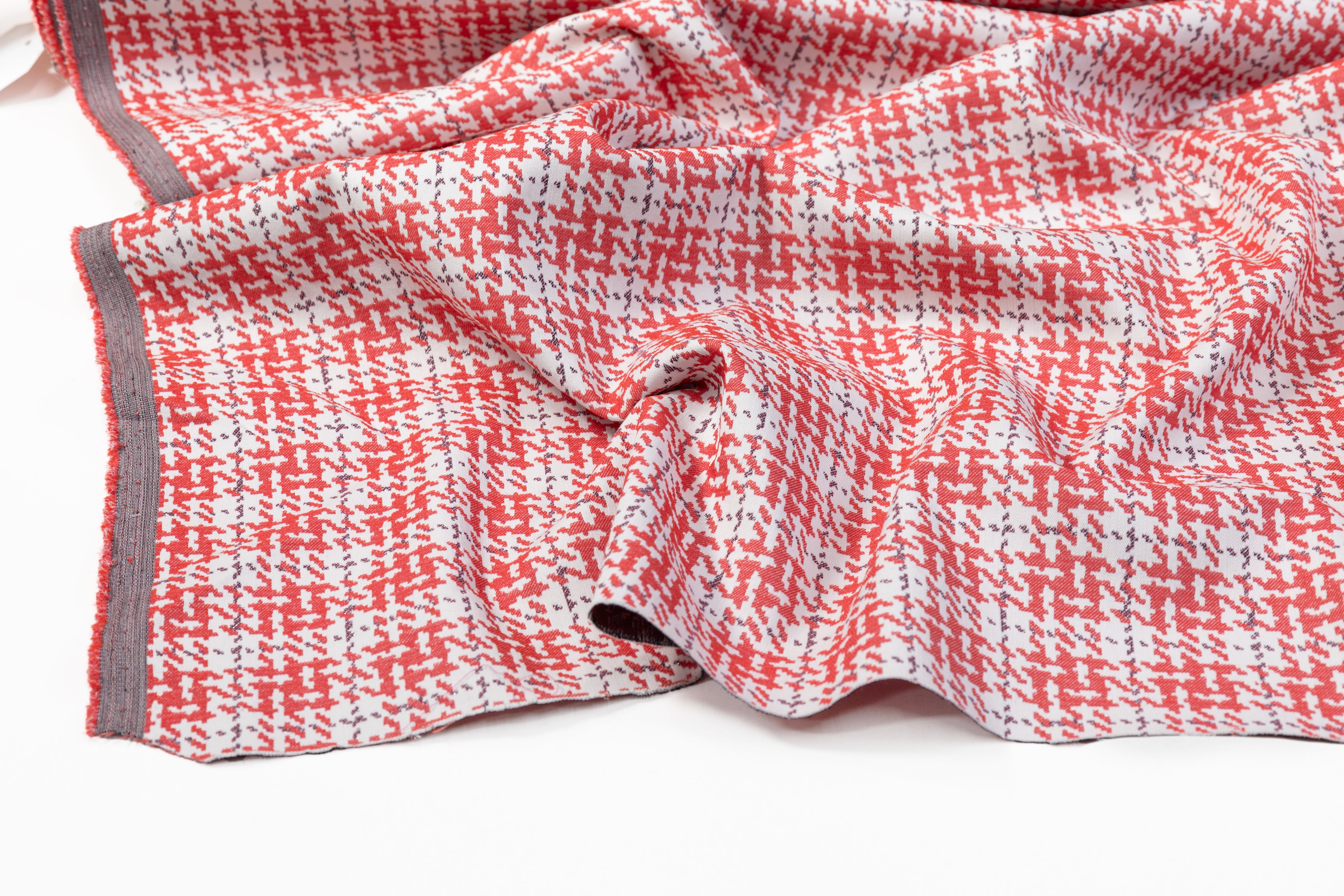 Metallic Houndstooth Cotton Nylon Stretch Brocade - Red / White