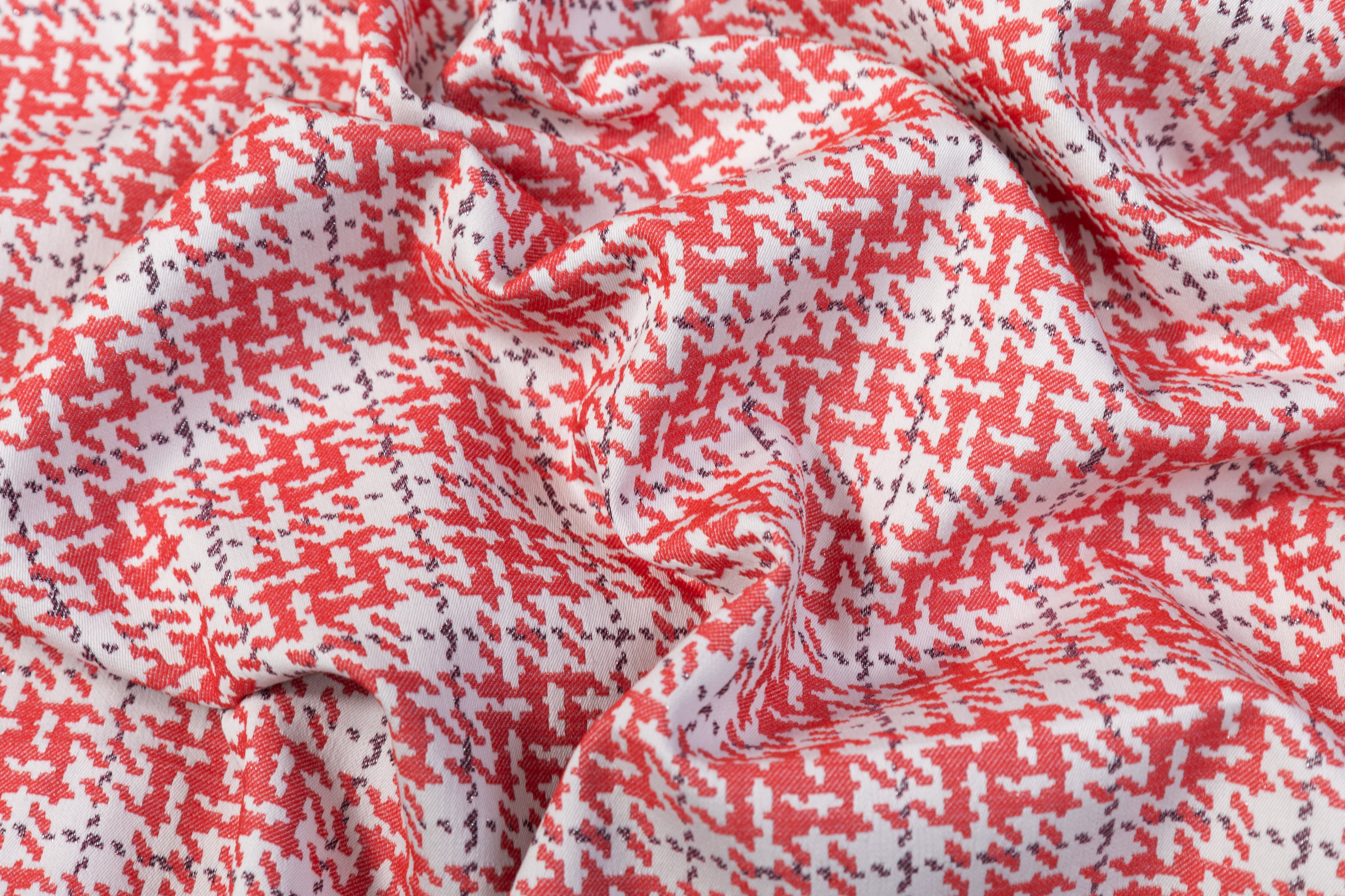 Metallic Houndstooth Cotton Nylon Stretch Brocade - Red / White