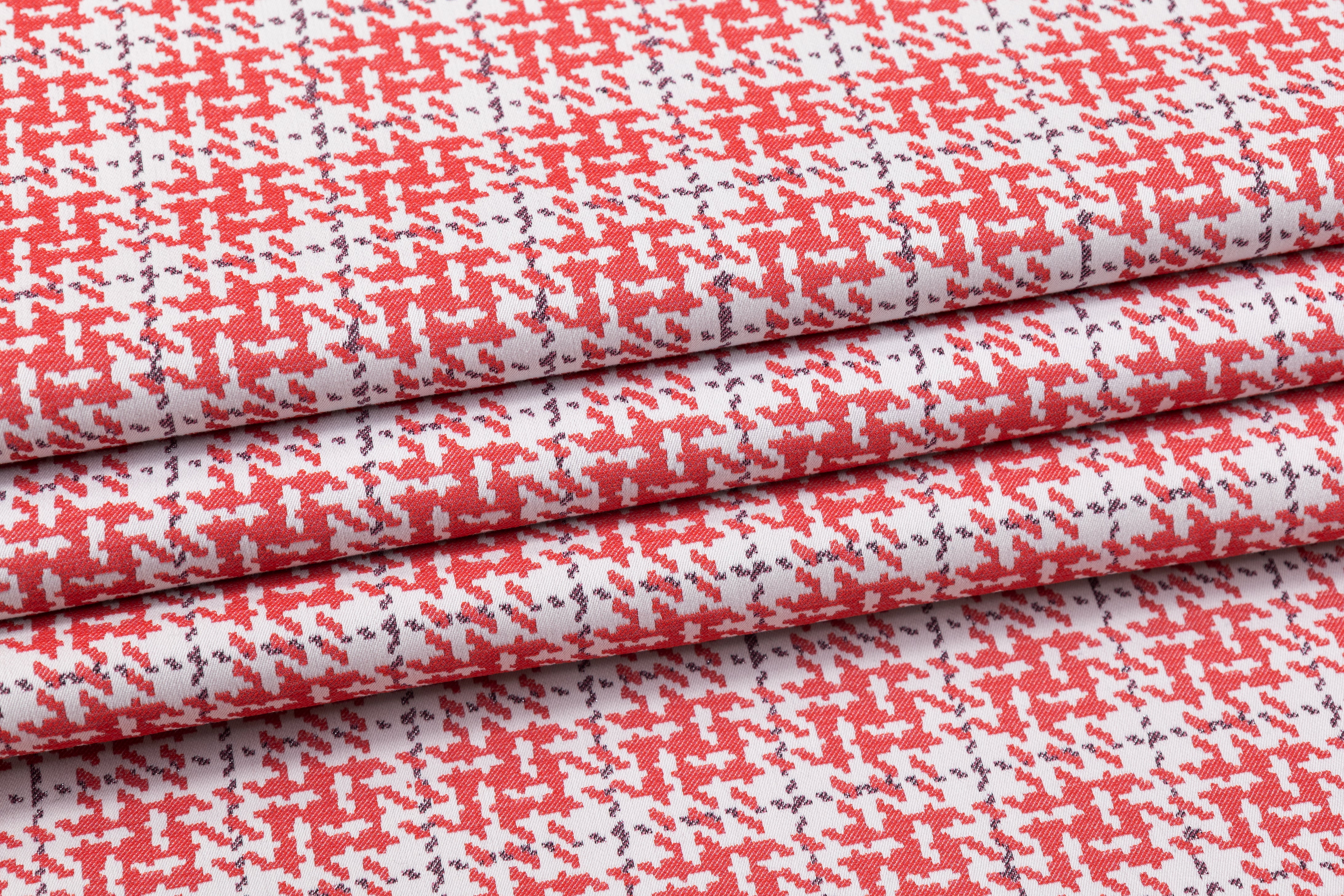 Metallic Houndstooth Cotton Nylon Stretch Brocade - Red / White