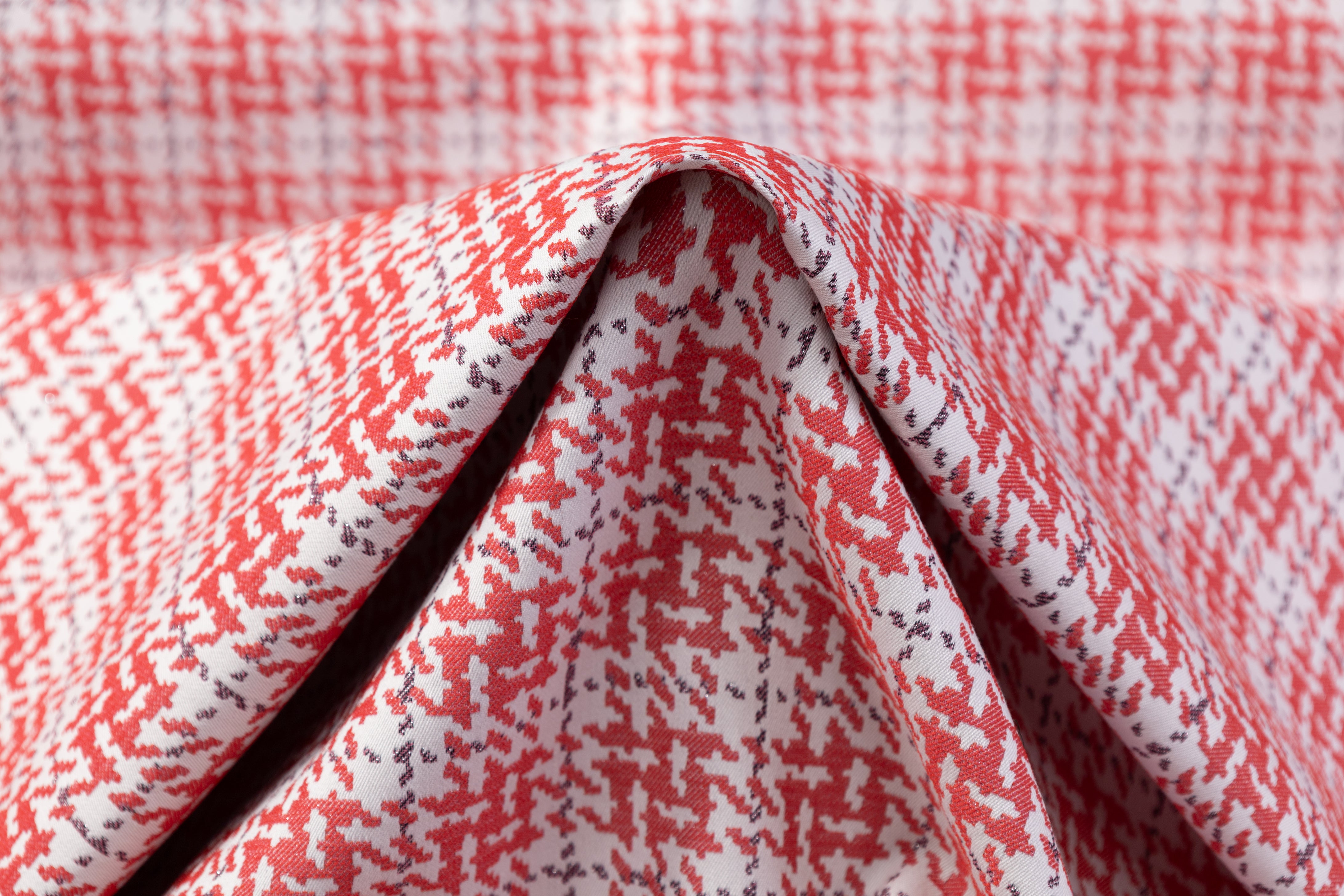 Metallic Houndstooth Cotton Nylon Stretch Brocade - Red / White