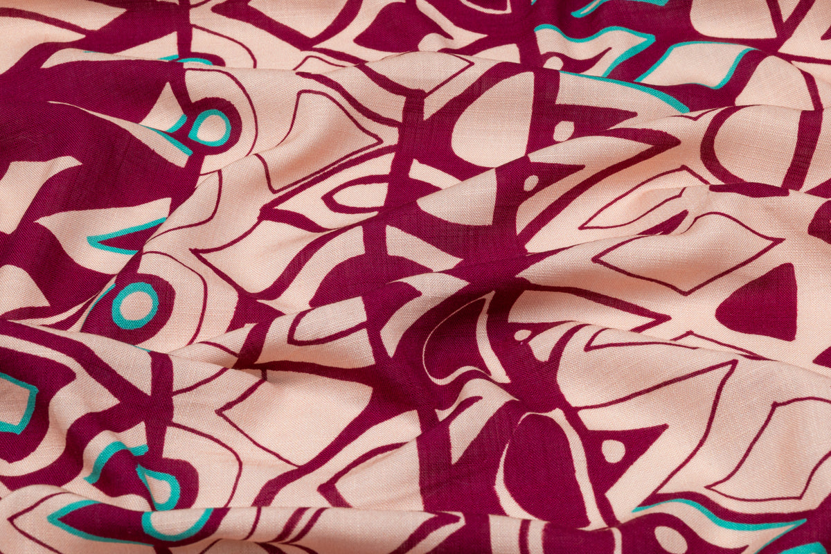 Abstract Geometric Italian Viscose Linen Blend - Blush / Plum / Turquoise