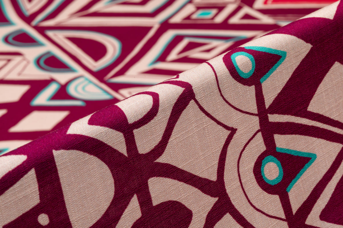 Abstract Geometric Italian Viscose Linen Blend - Blush / Plum / Turquoise