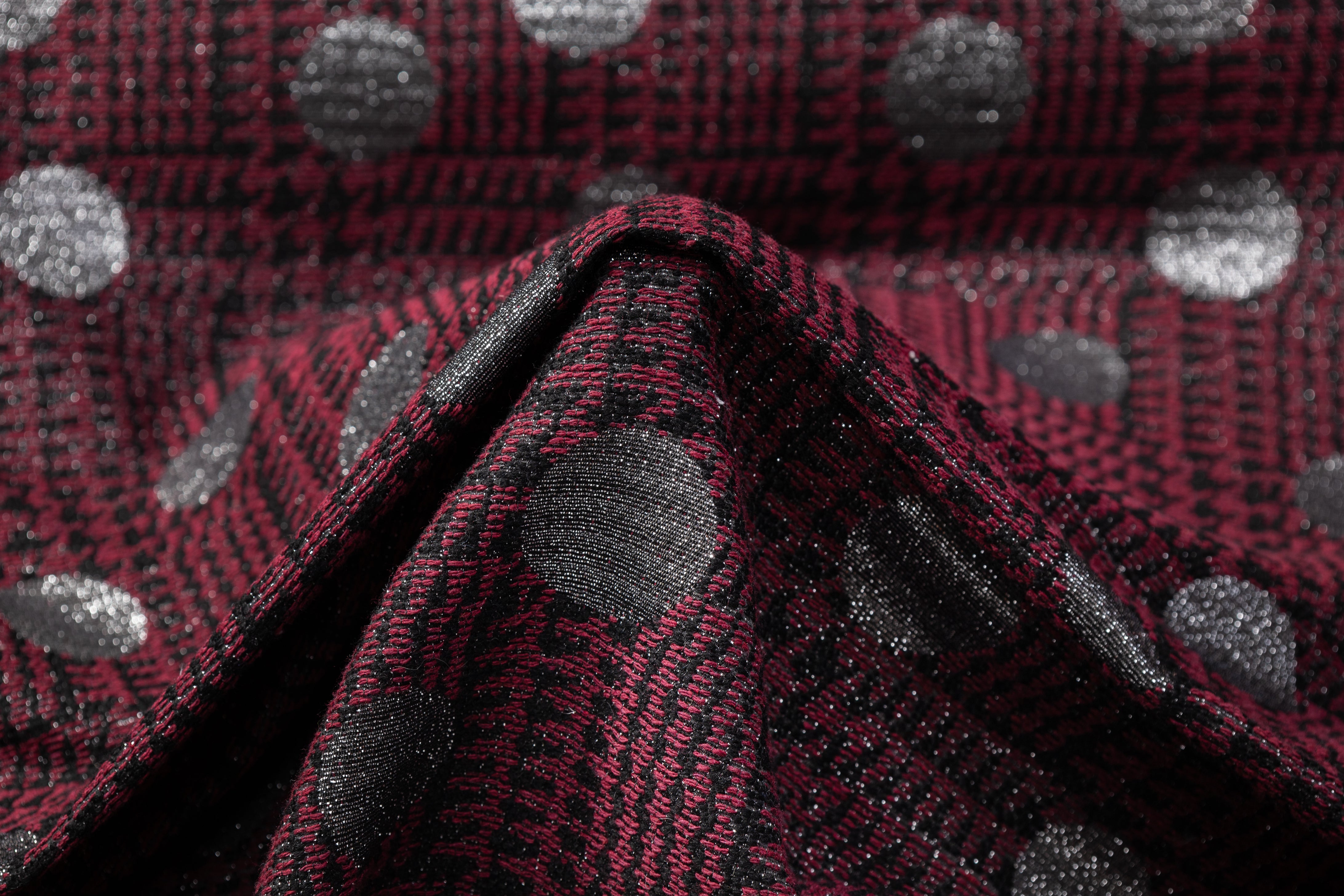 Metallic Houndstooth Cotton Wool Brocade - Burgundy