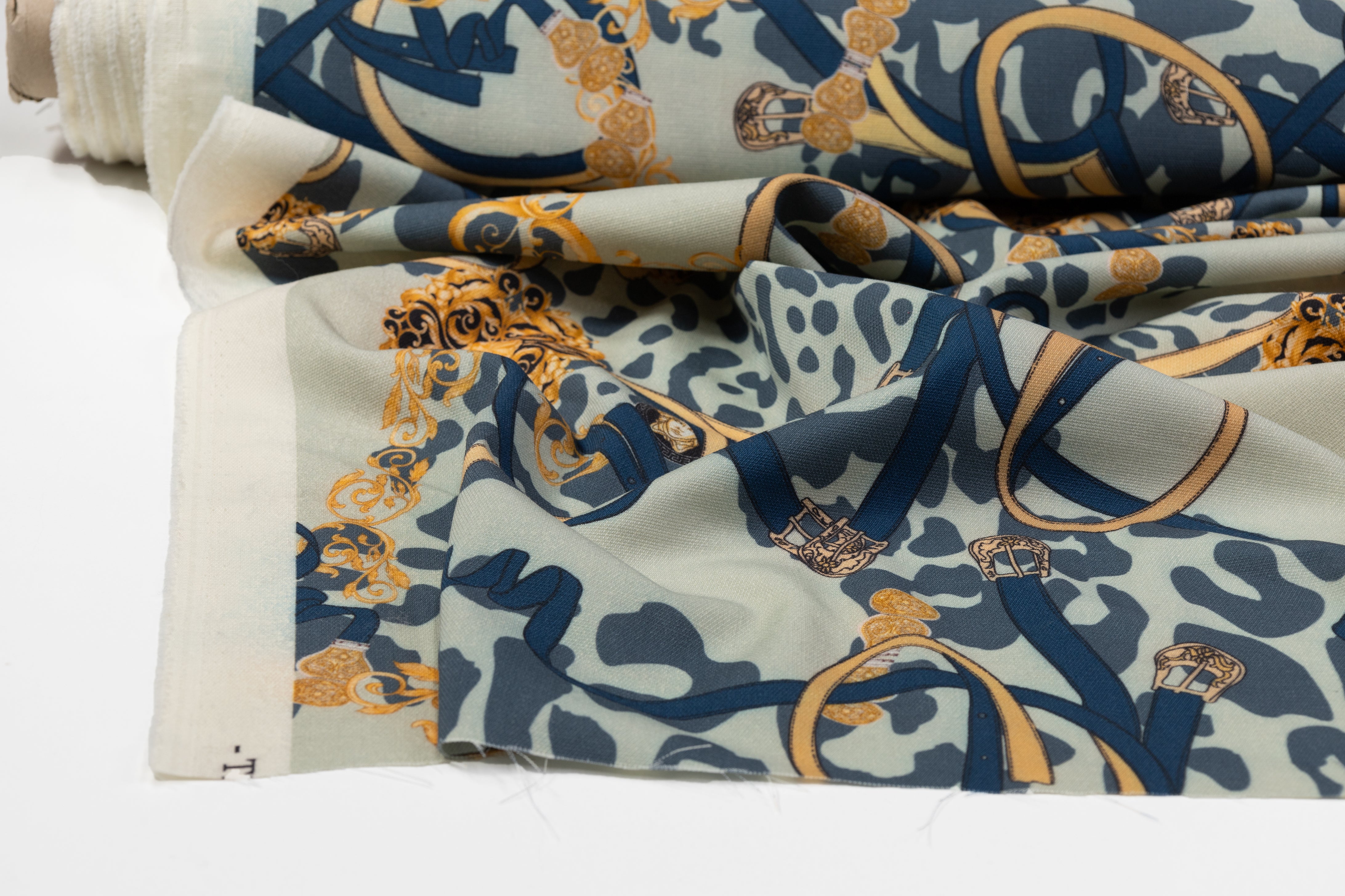 Printed Italian Wool Tricotine - Green / Blue / Gold