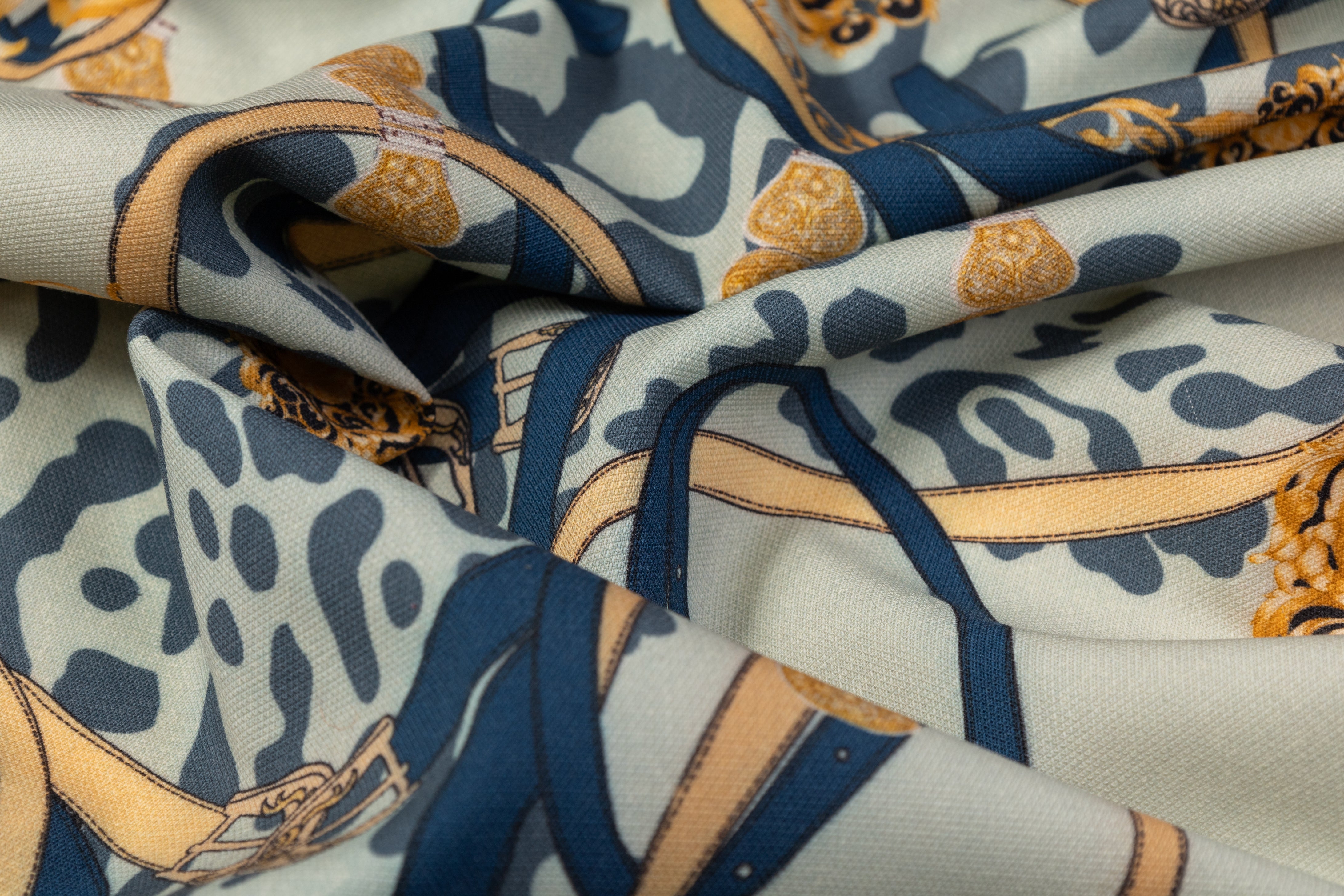 Printed Italian Wool Tricotine - Green / Blue / Gold