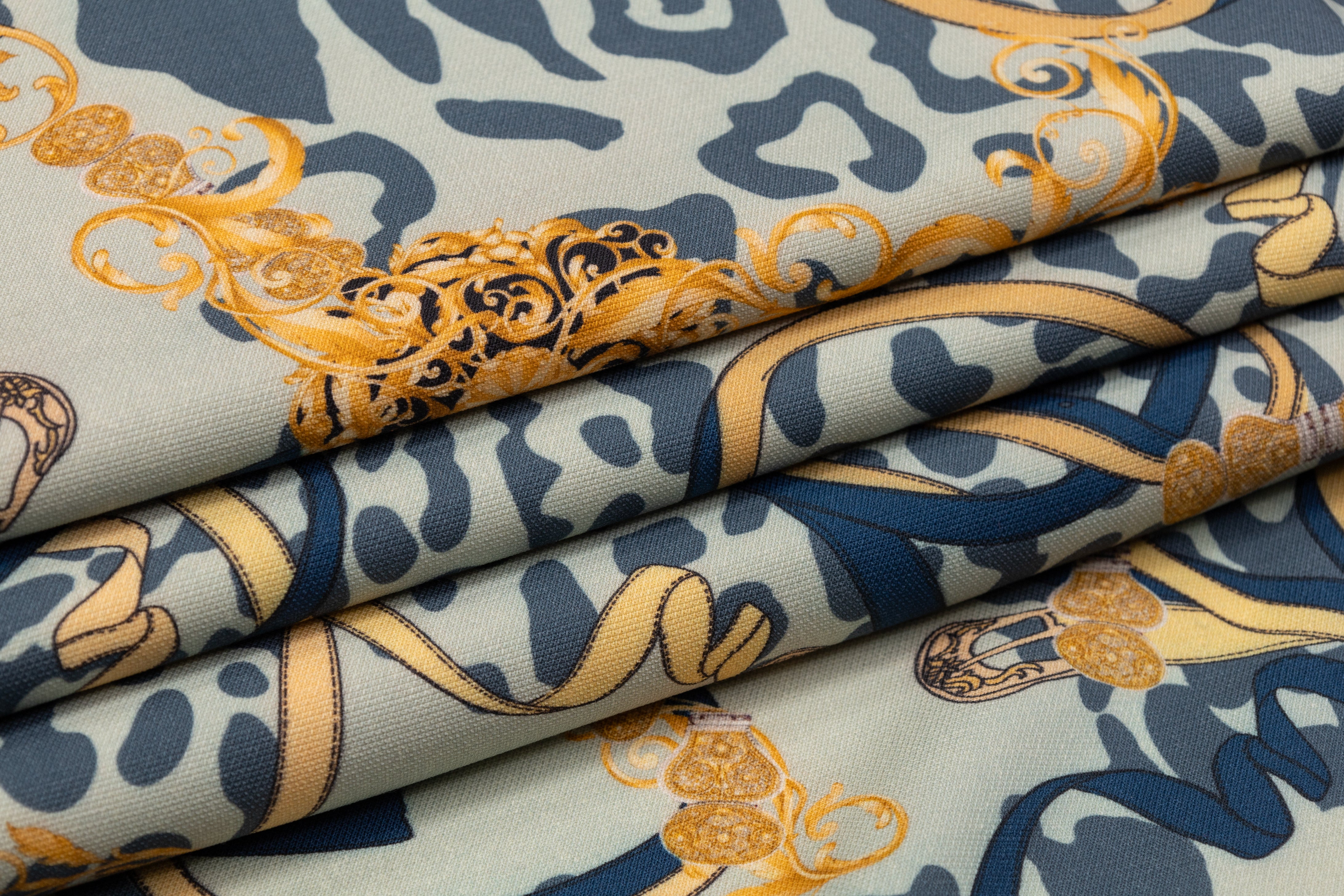 Printed Italian Wool Tricotine - Green / Blue / Gold