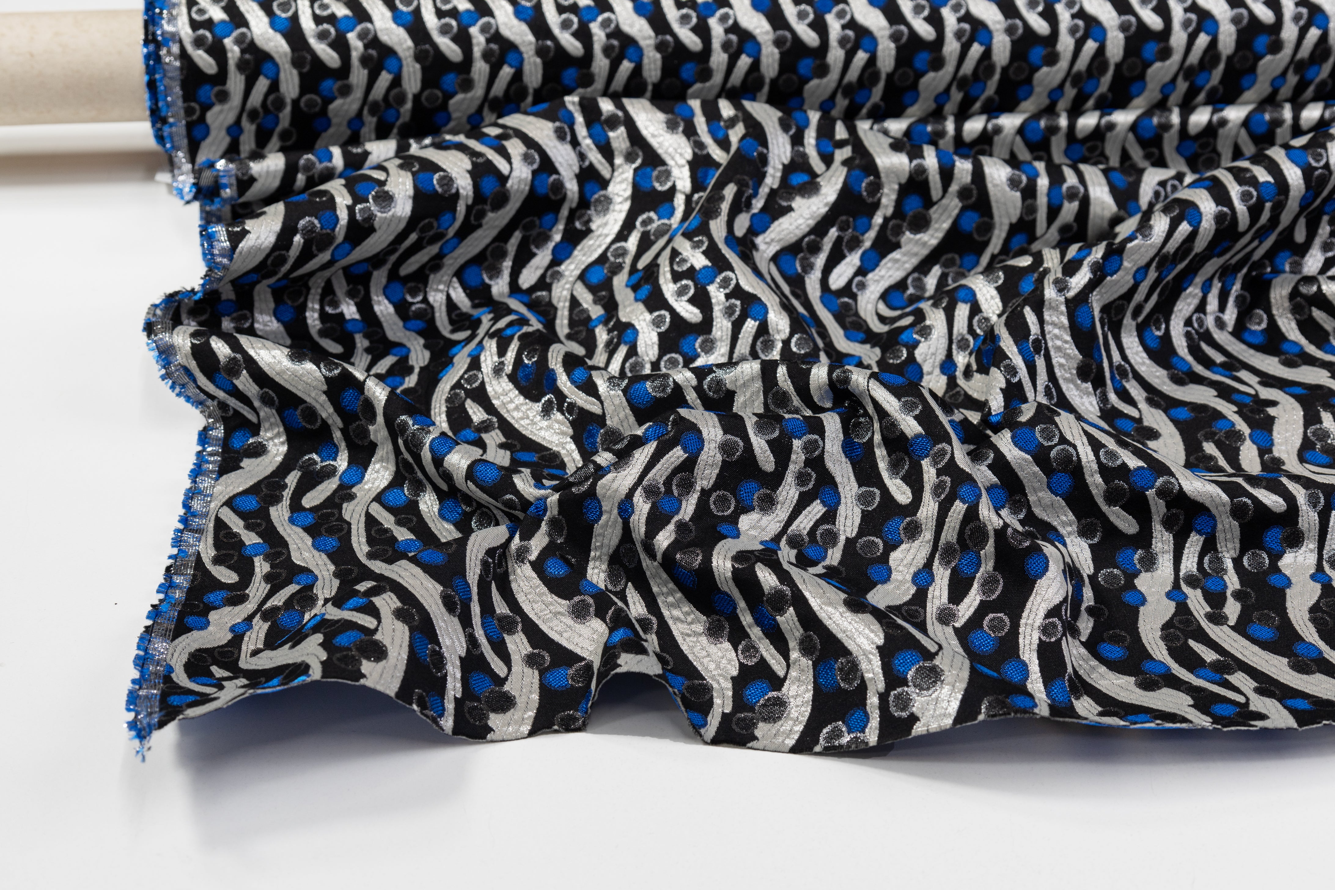 Abstract Italian Poly Cotton Brocade - Blue / Silver