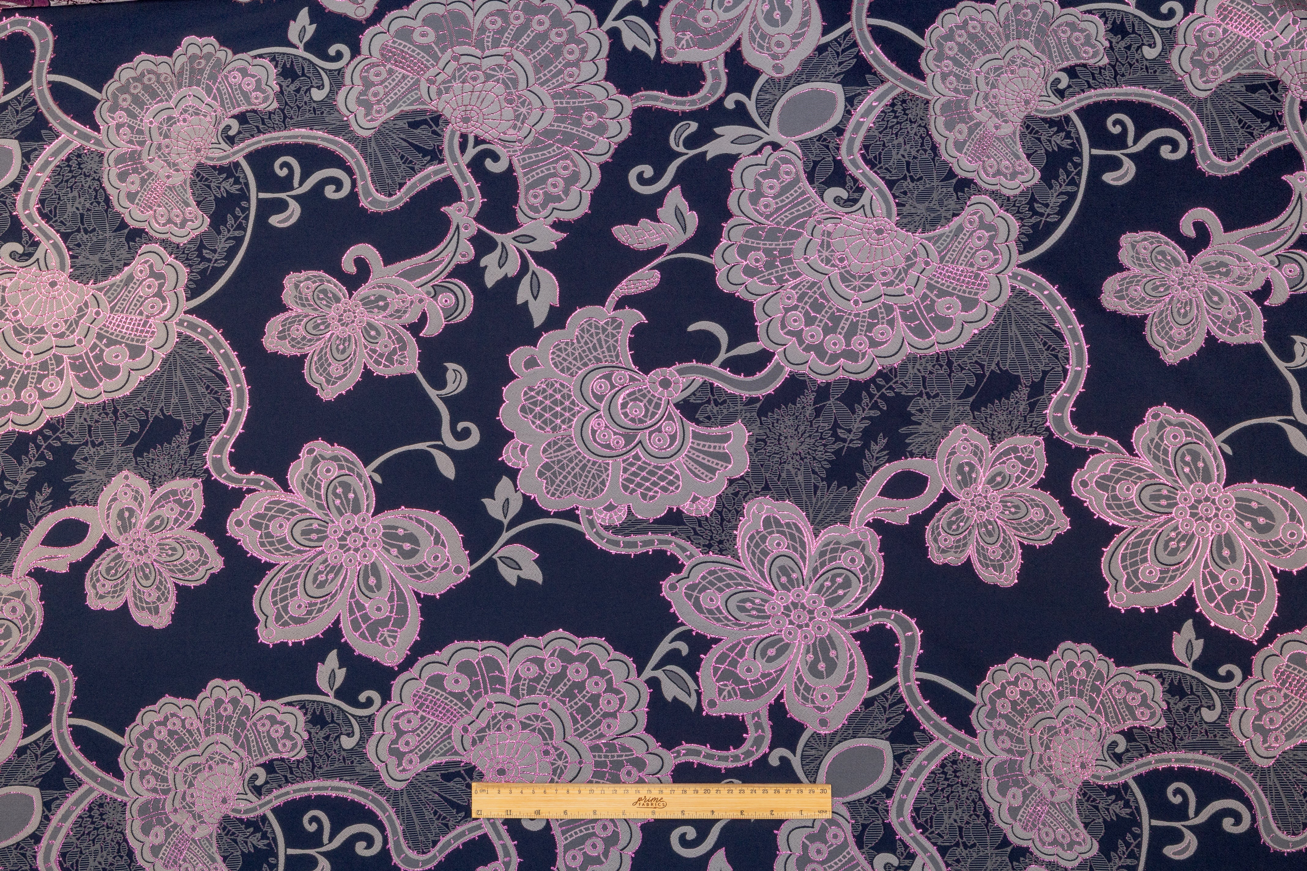 Floral Metallic Italian Brocade - Navy / Gray / Fuchsia