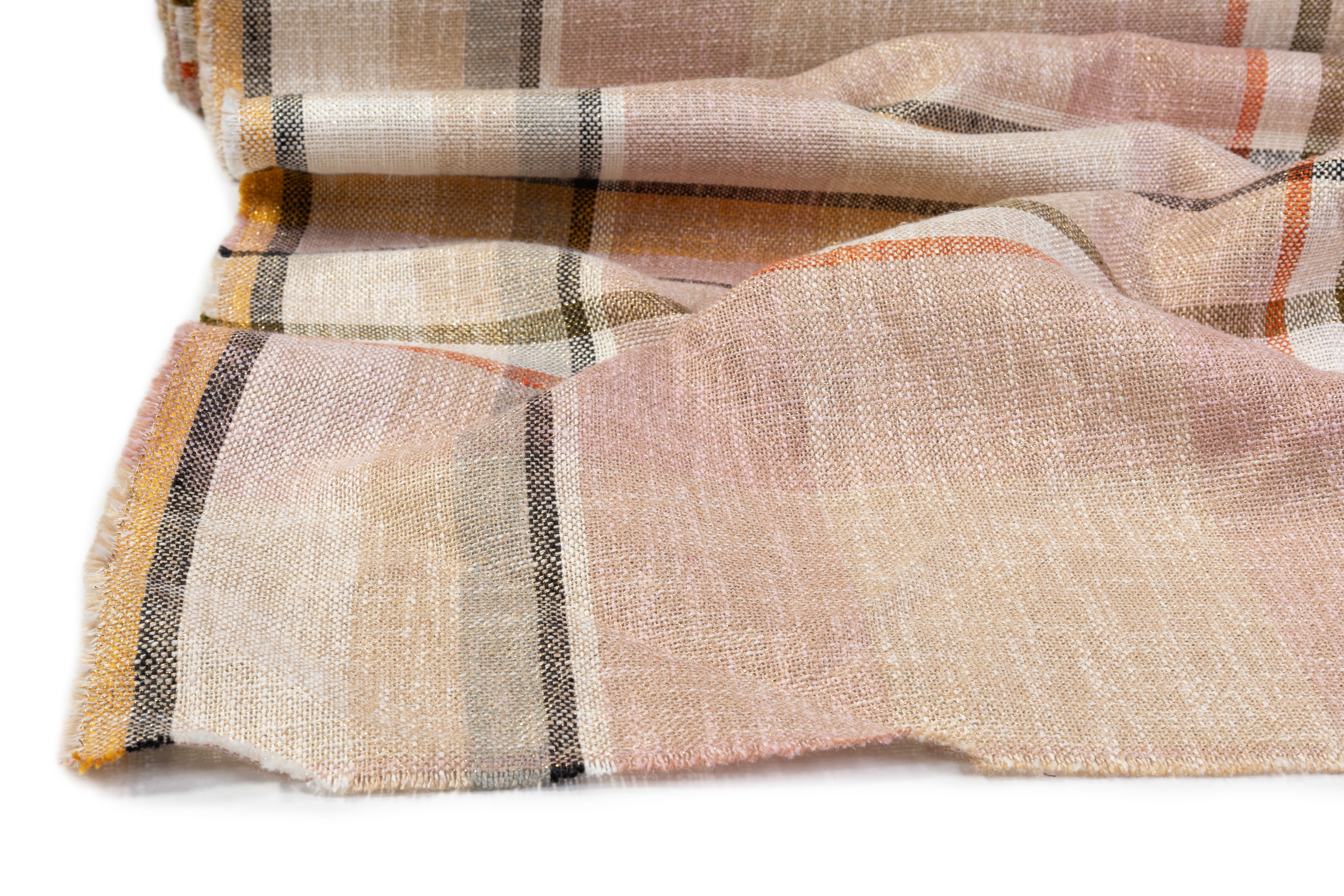 Plaid Metallic Italian Cotton Linen Blend - Beige / Blush / Gold