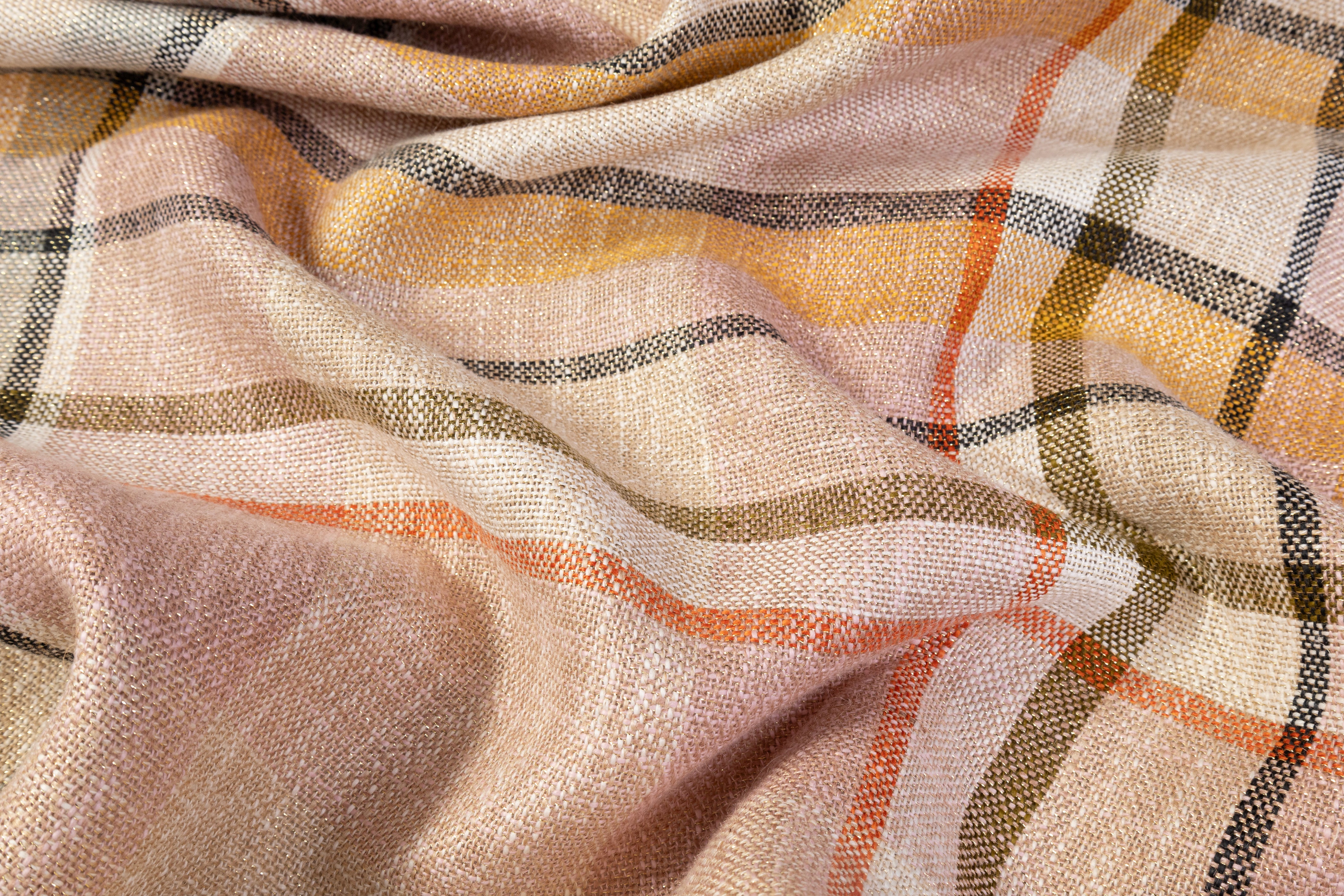 Plaid Metallic Italian Cotton Linen Blend - Beige / Blush / Gold