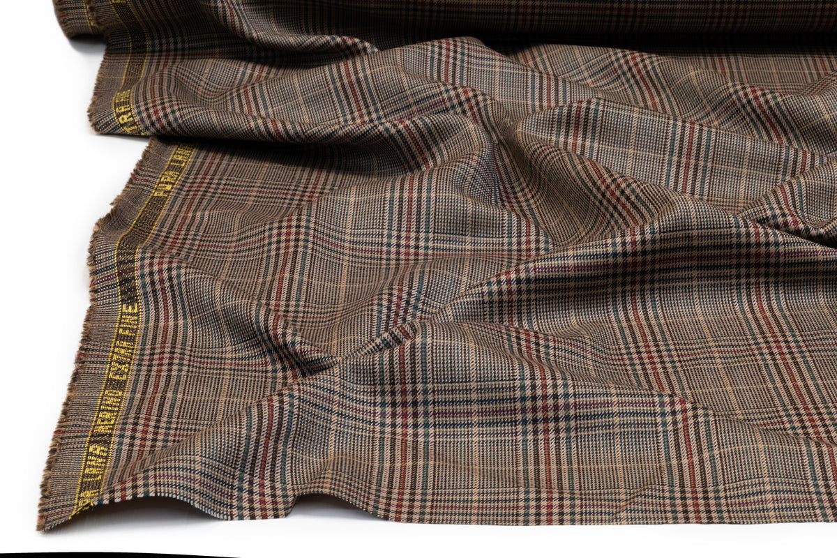 Plaid Italian Extra Fine Merino Wool Suiting - Taupe / Green / Burgundy