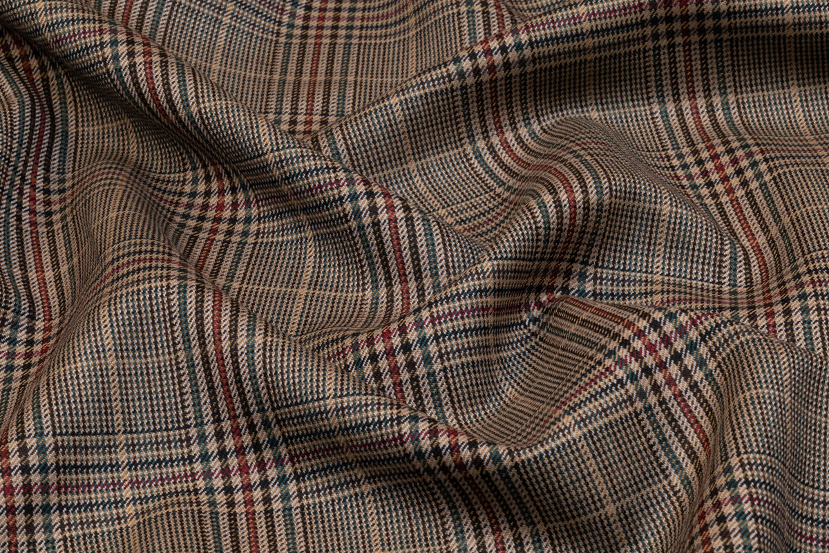 Plaid Italian Extra Fine Merino Wool Suiting - Taupe / Green / Burgundy